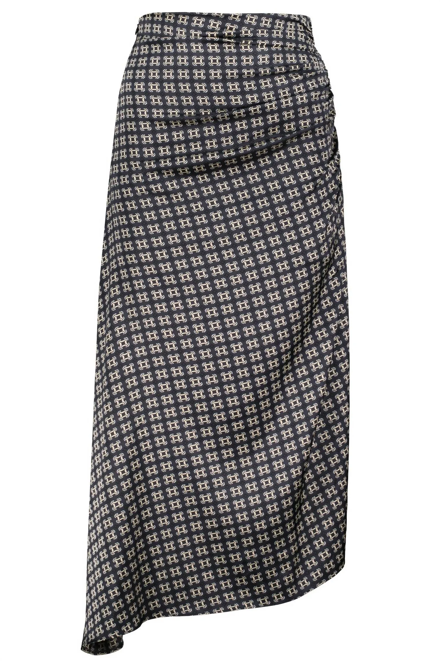 Asymmetrical Satin Midi Skirt In Navy Heritage Print