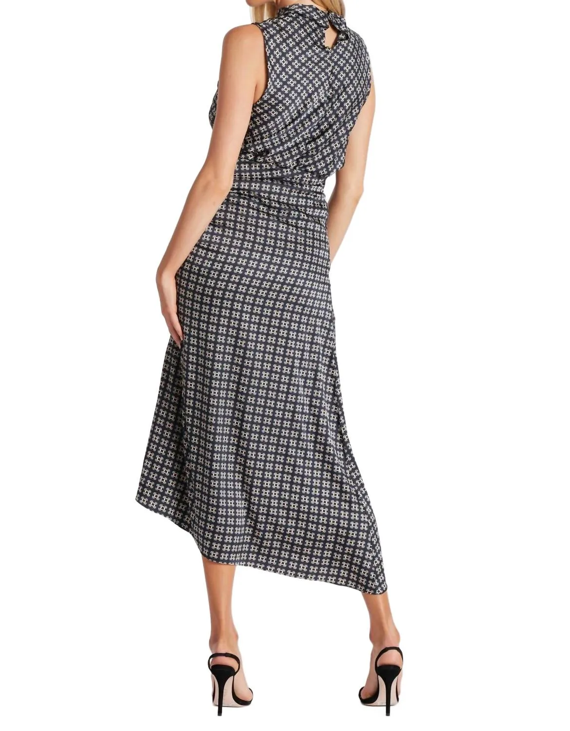 Asymmetrical Satin Midi Skirt In Navy Heritage Print