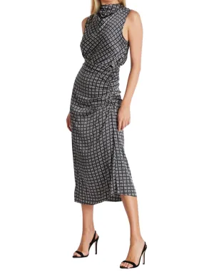 Asymmetrical Satin Midi Skirt In Navy Heritage Print