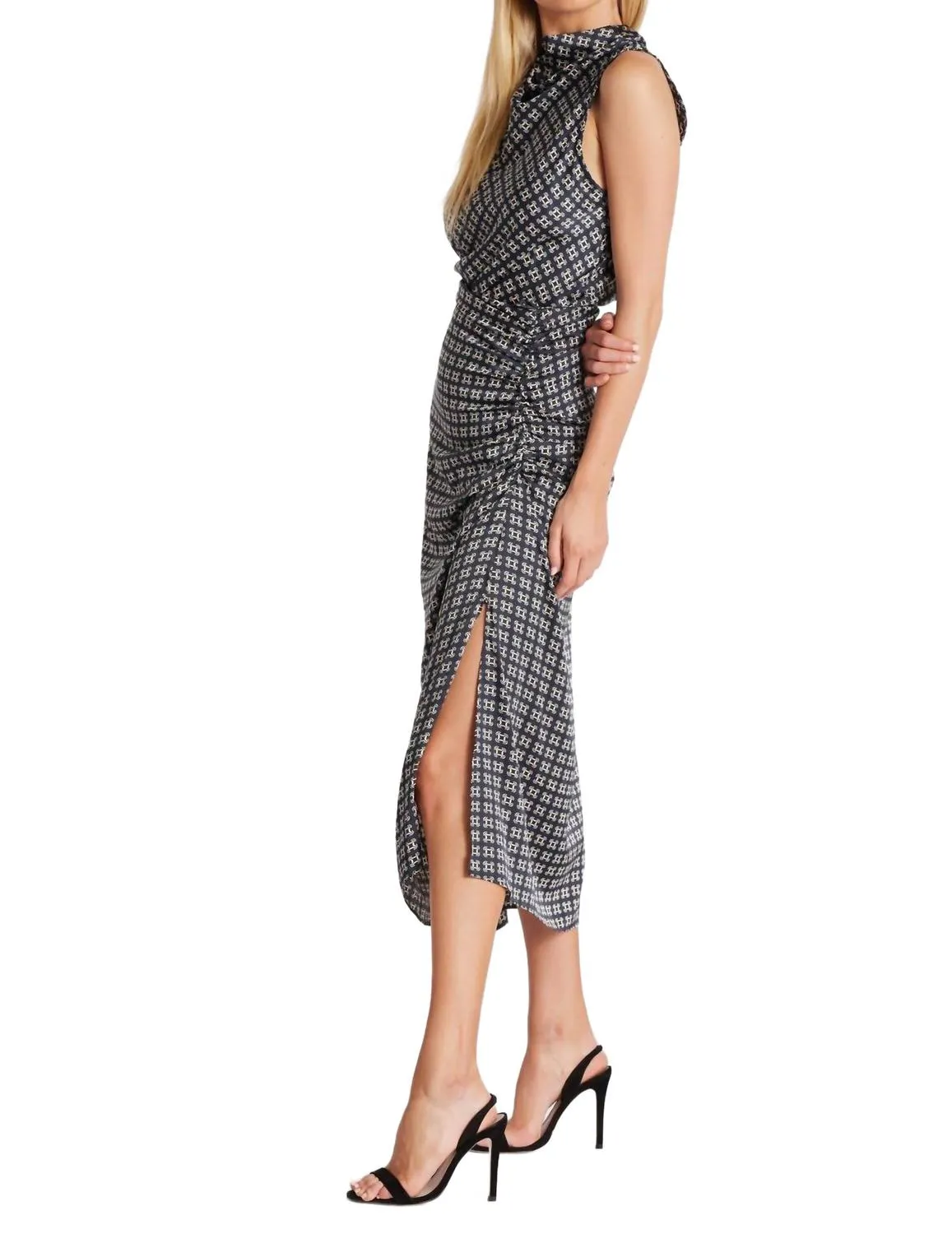 Asymmetrical Satin Midi Skirt In Navy Heritage Print