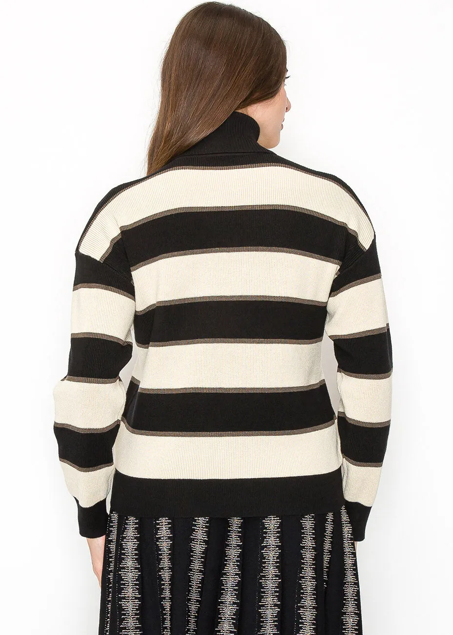 Black and Cream Striped Pullover with Turtleneck