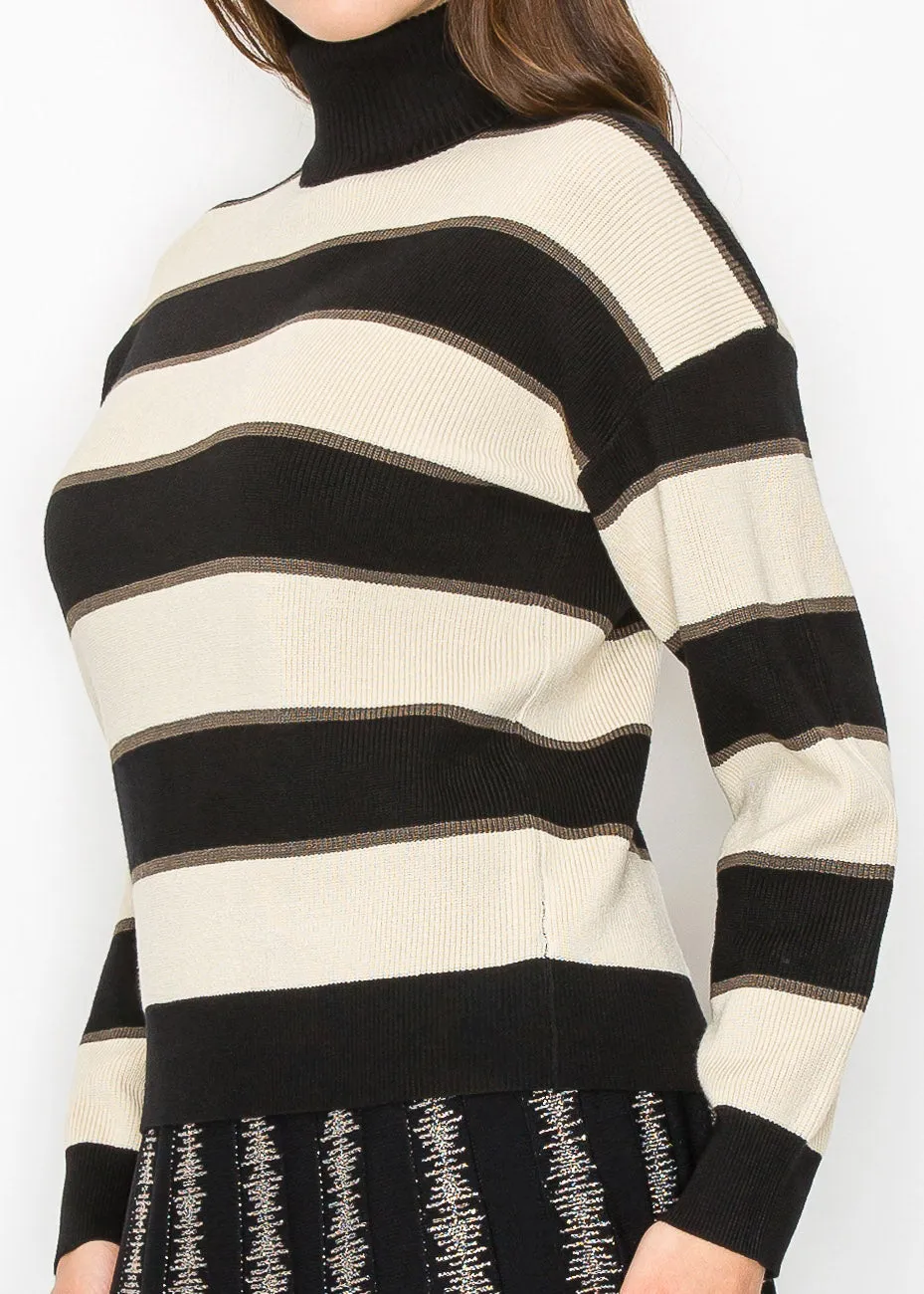 Black and Cream Striped Pullover with Turtleneck