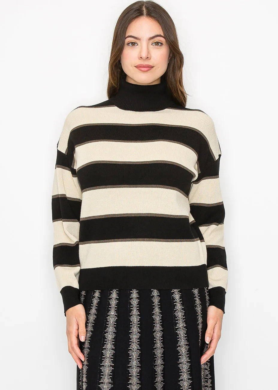 Black and Cream Striped Pullover with Turtleneck