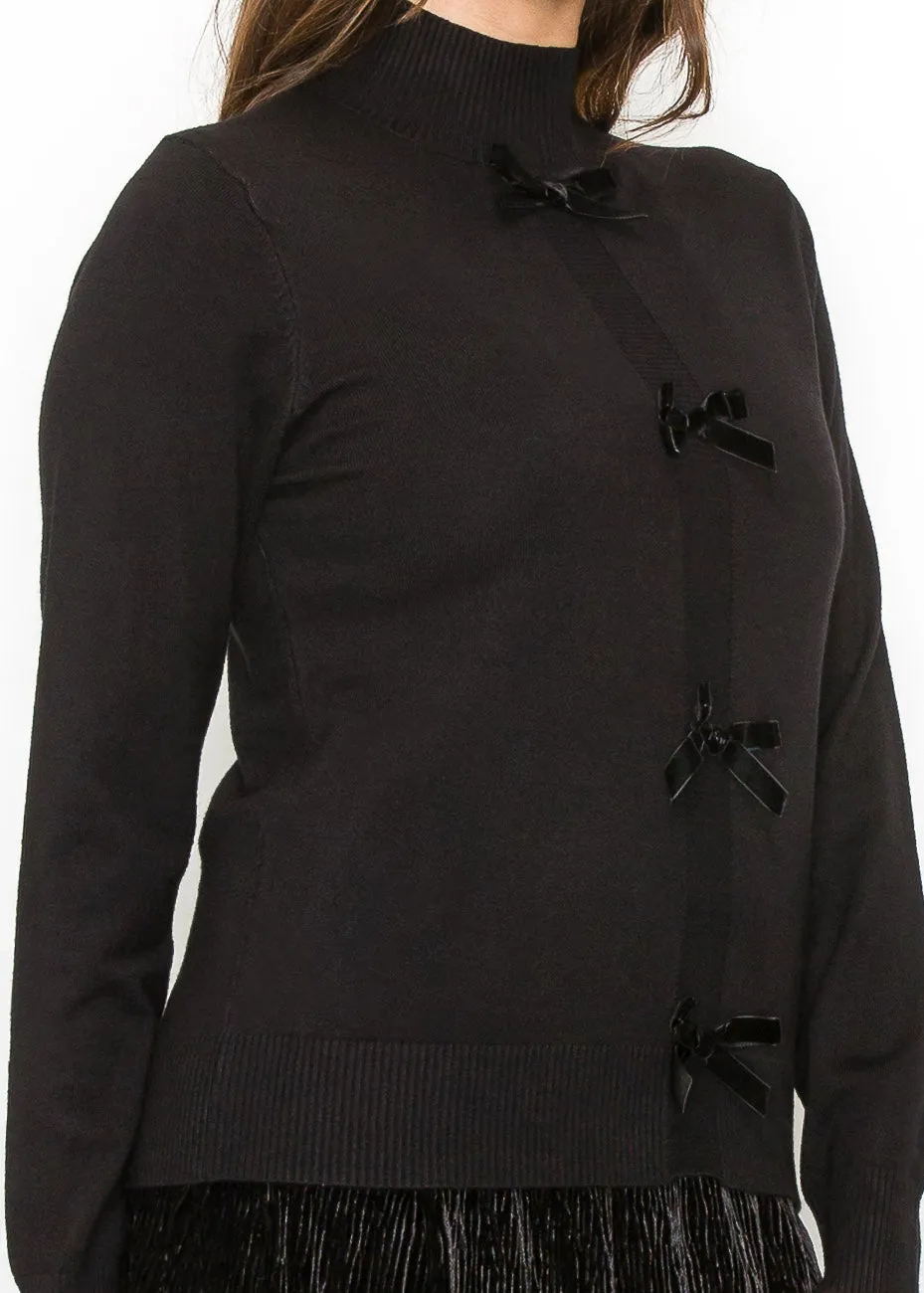 Bow-Accented Black Knit Sweater