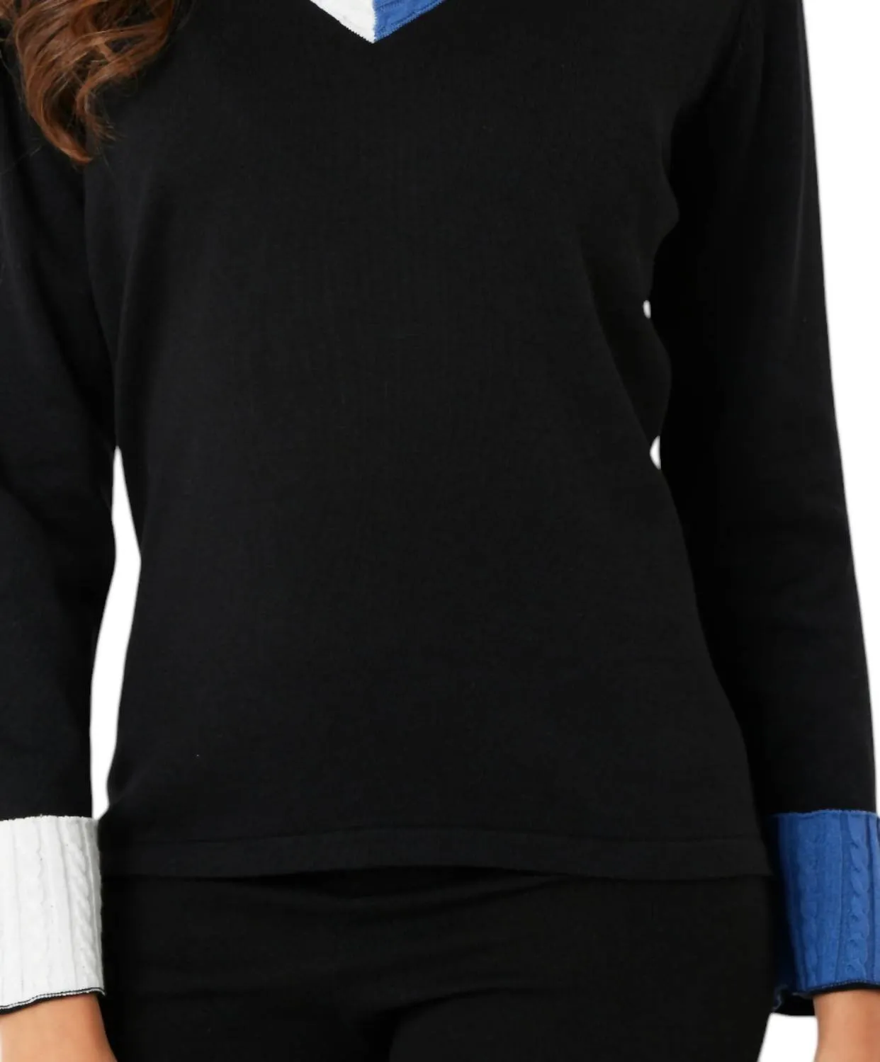 Braided V-Neck Top In Black/denim
