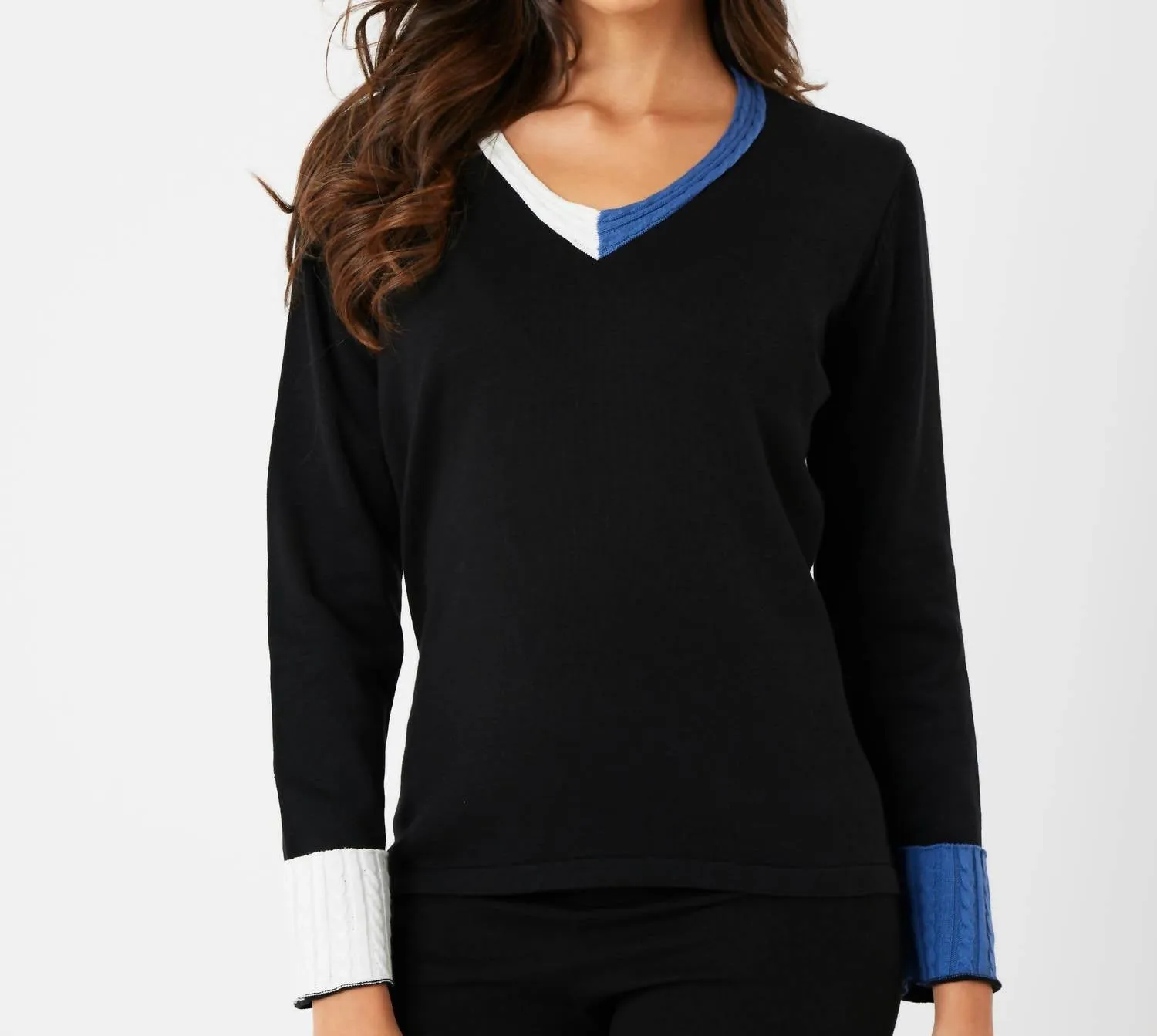 Braided V-Neck Top In Black/denim