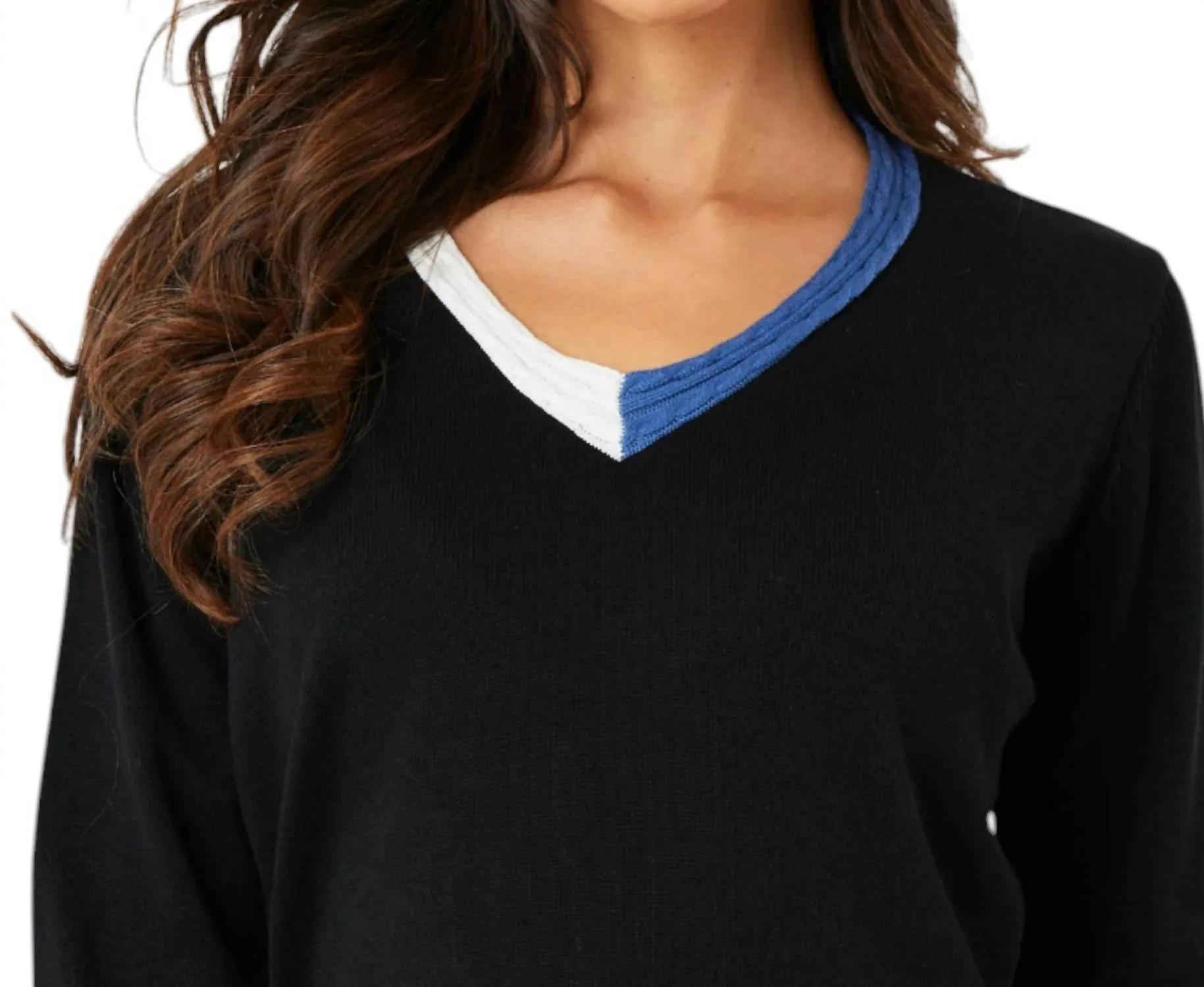 Braided V-Neck Top In Black/denim