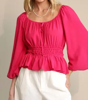 Bubble Sleeve & Elastic Waist With Front Tie Top In Pink