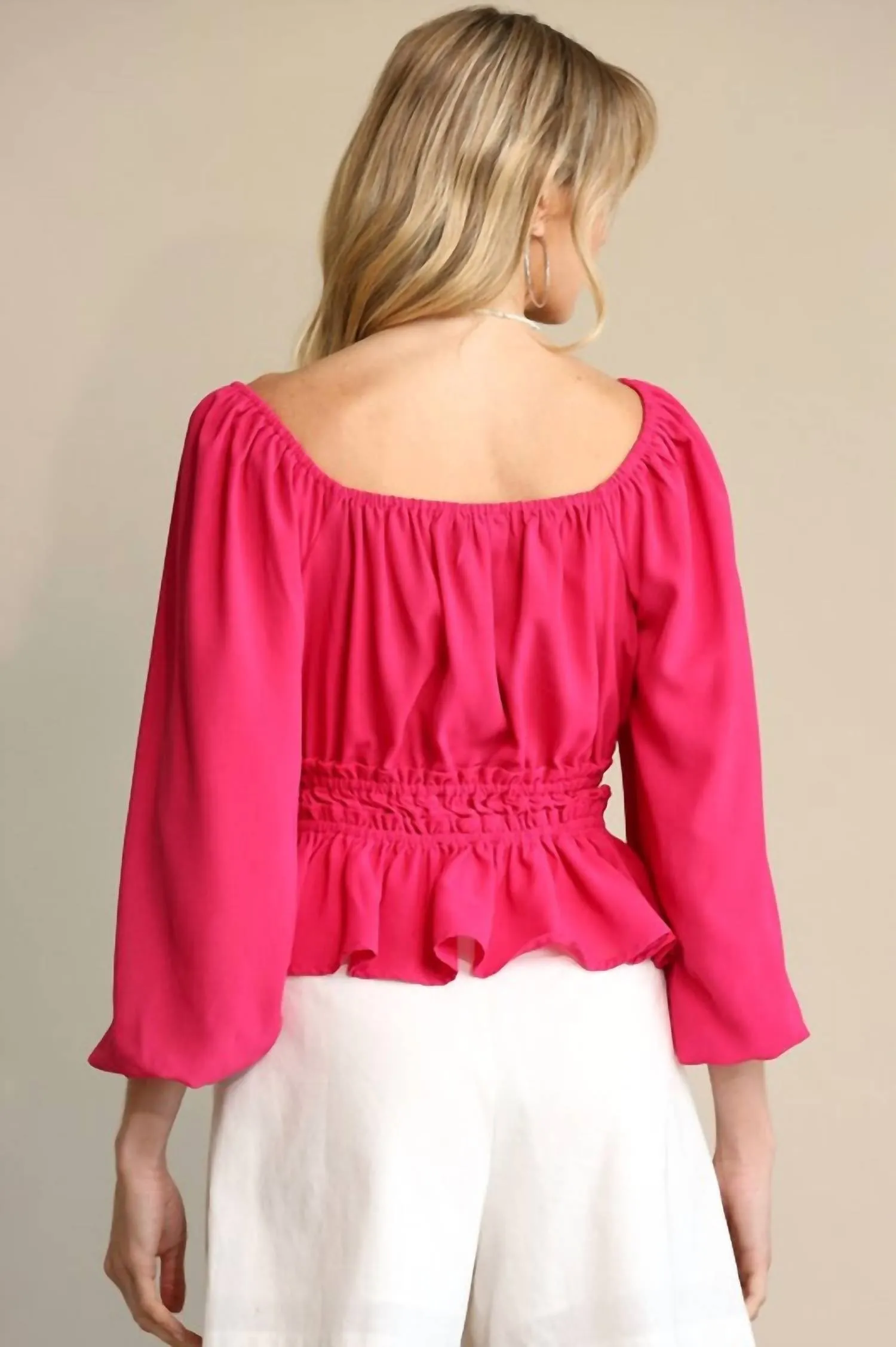 Bubble Sleeve & Elastic Waist With Front Tie Top In Pink