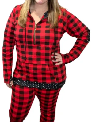 Buffalo Plaid Dot Half Zip Top In Red/black
