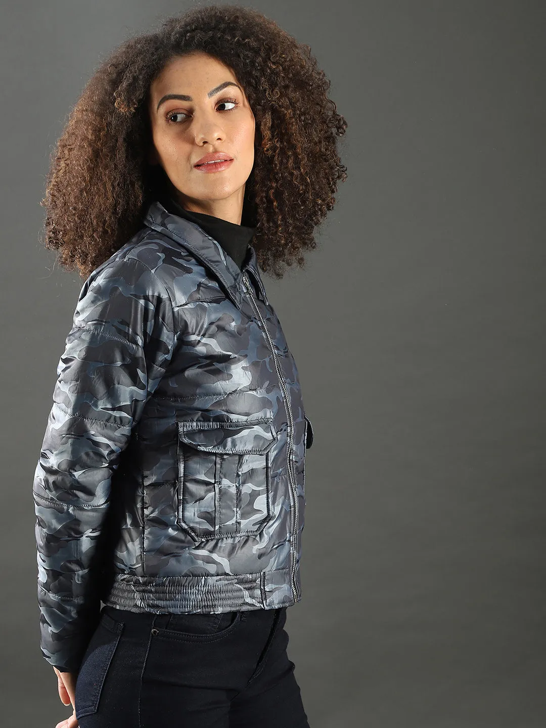 Campus Sutra Women Camouflage Stylish Casual Bomber Jacket