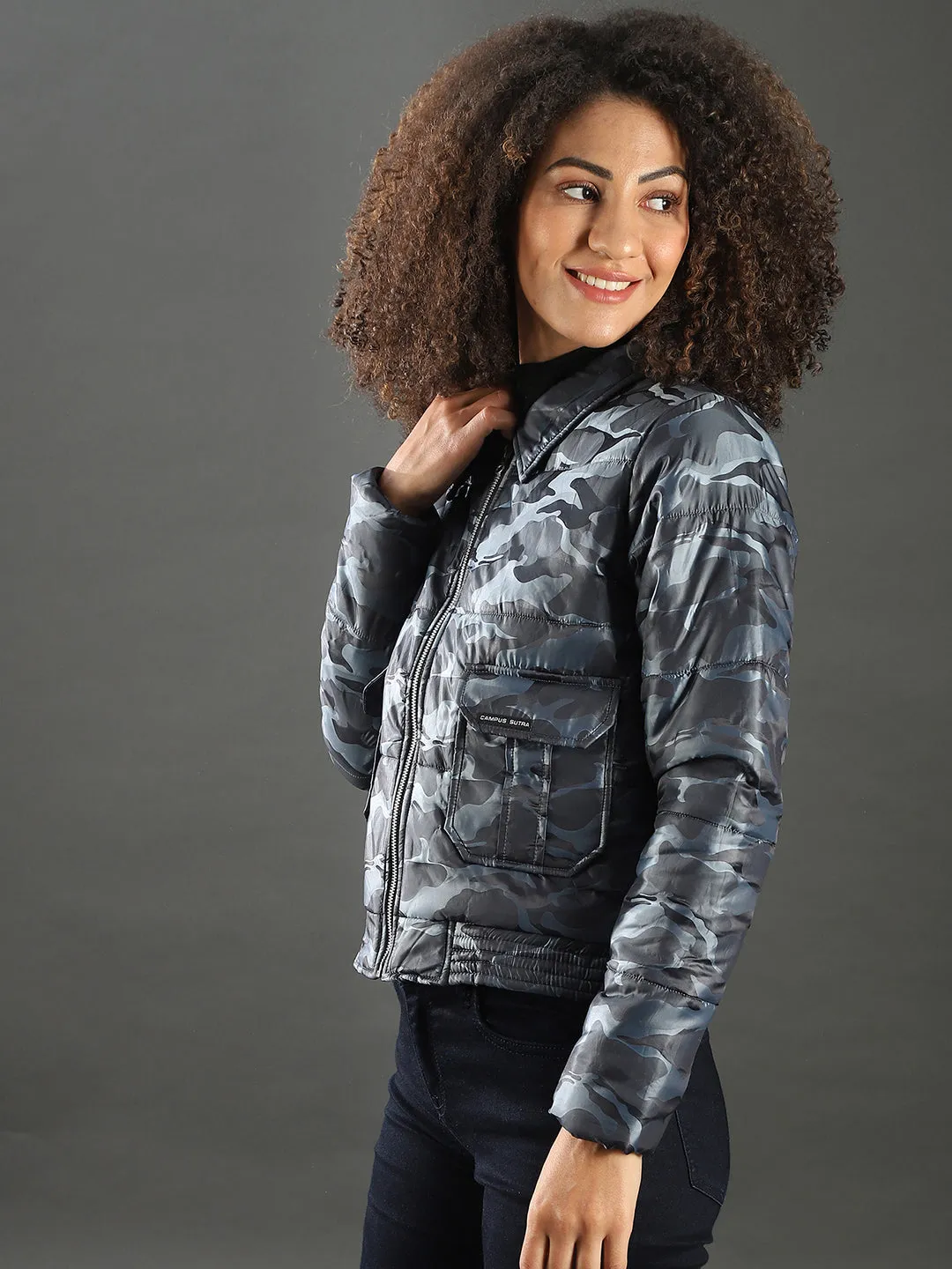 Campus Sutra Women Camouflage Stylish Casual Bomber Jacket