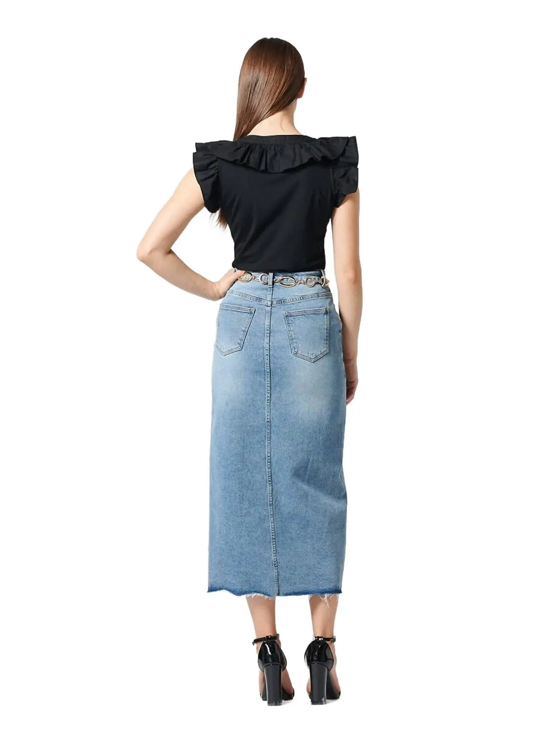 Casual High Waist Jean Skirts With Side Split In Denim