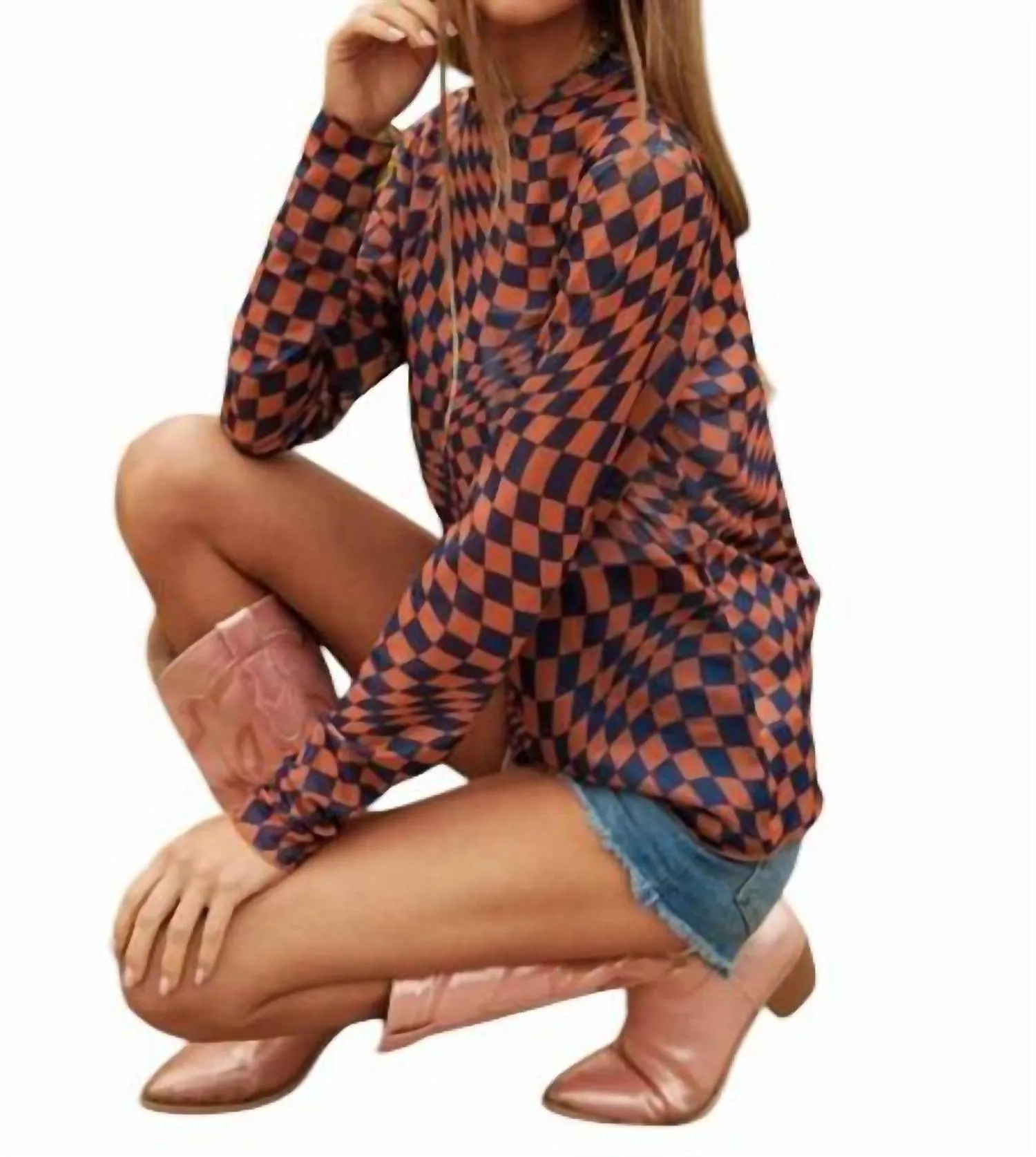 Checker Board Mesh Top In Brown/black