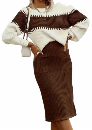 Color Block Knit Set In Brown