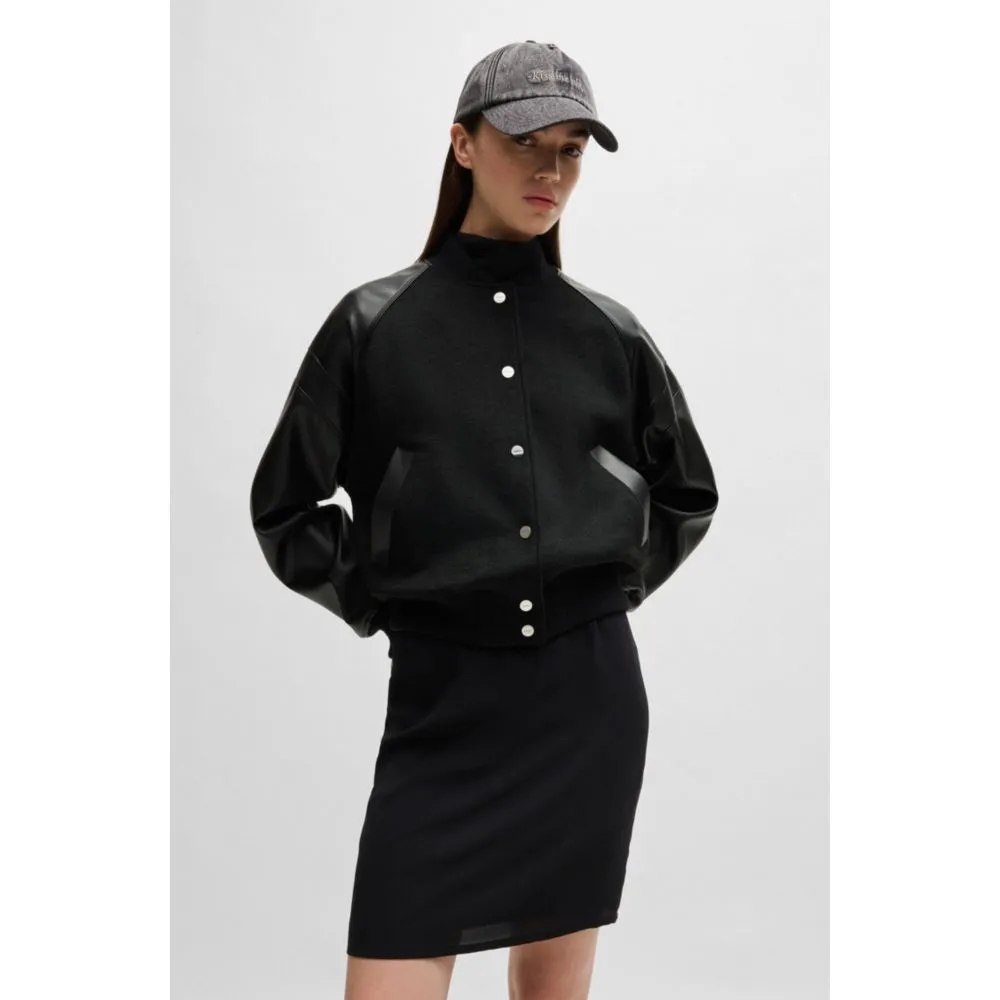 Cropped bomber jacket with faux-leather sleeves