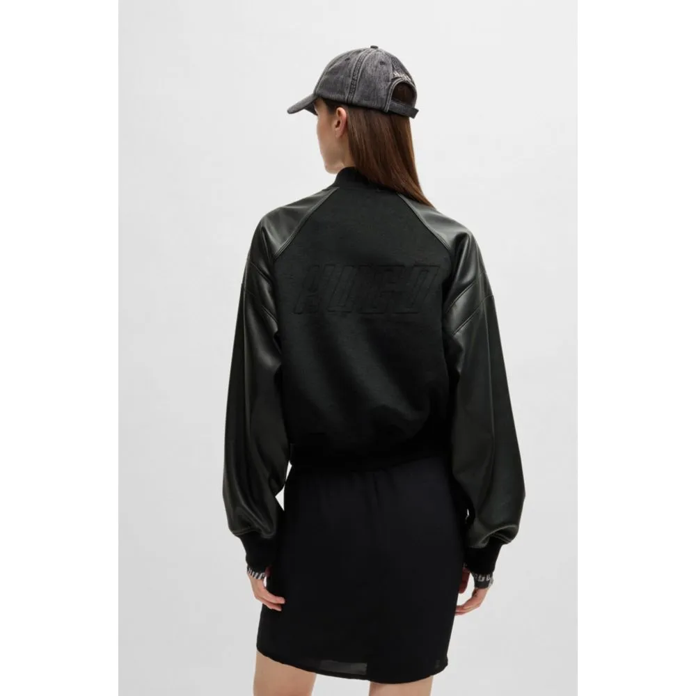 Cropped bomber jacket with faux-leather sleeves