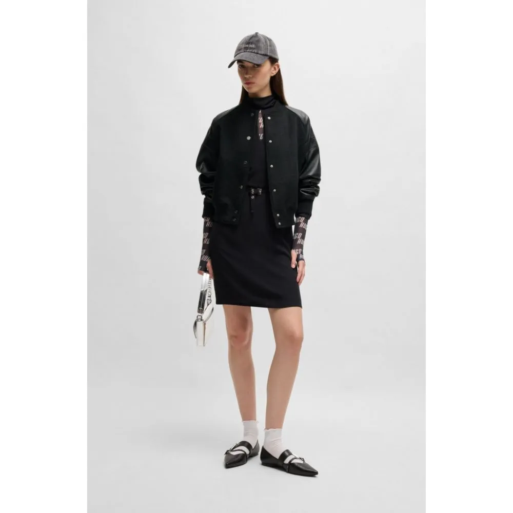Cropped bomber jacket with faux-leather sleeves