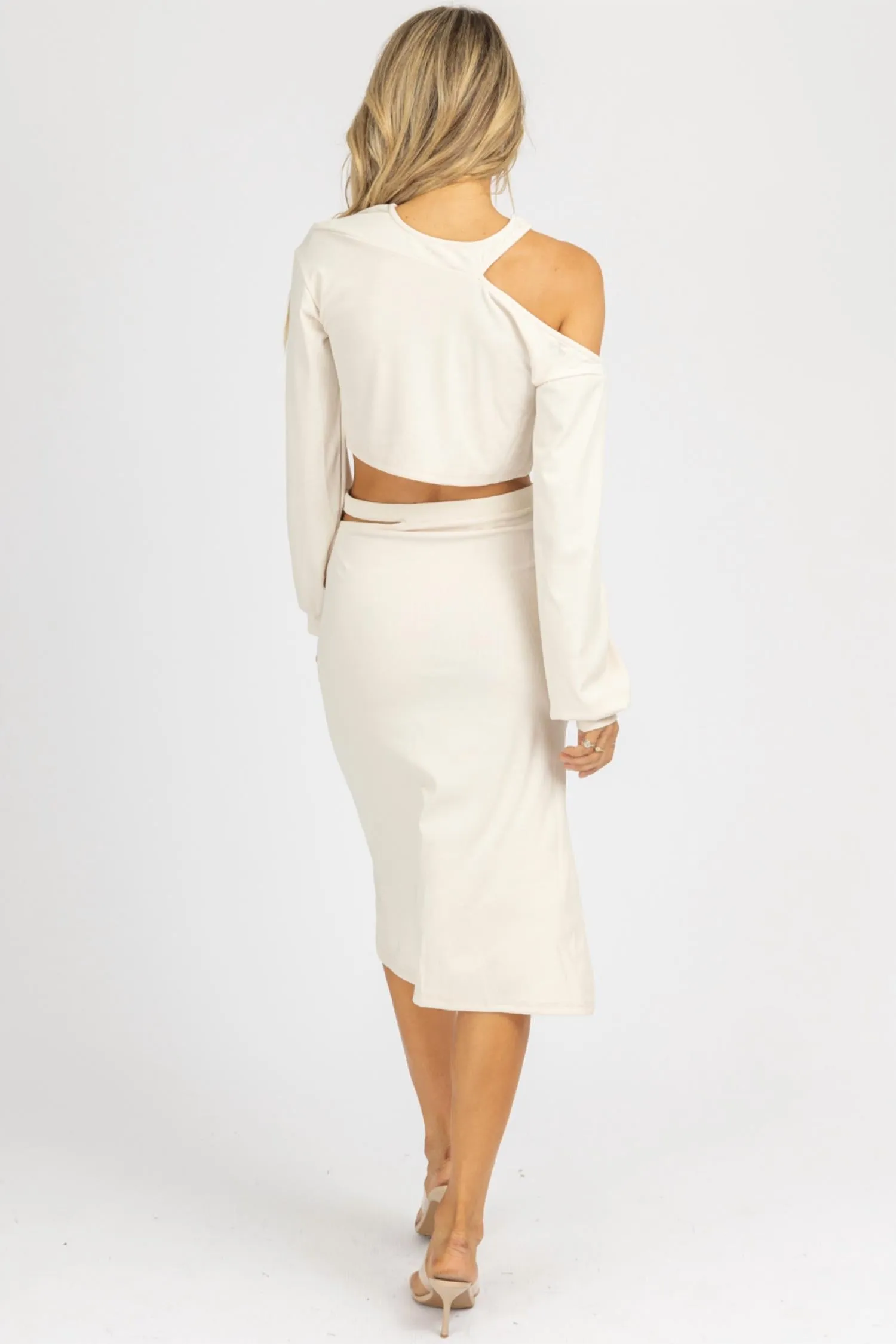 Cutout Crop   Midi Skirt Set In Light Sand
