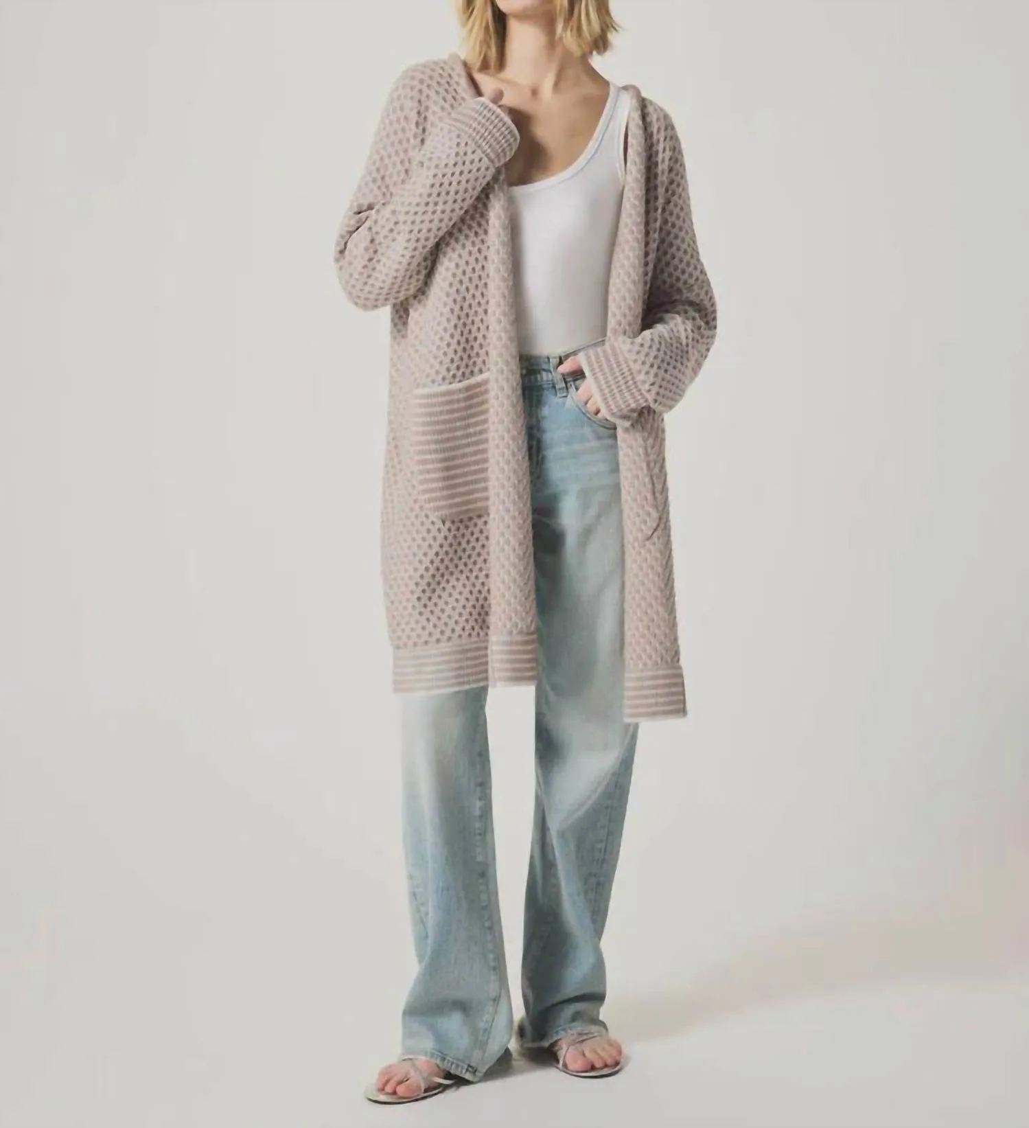 Davina Sweater Cardigan In Fawn/white