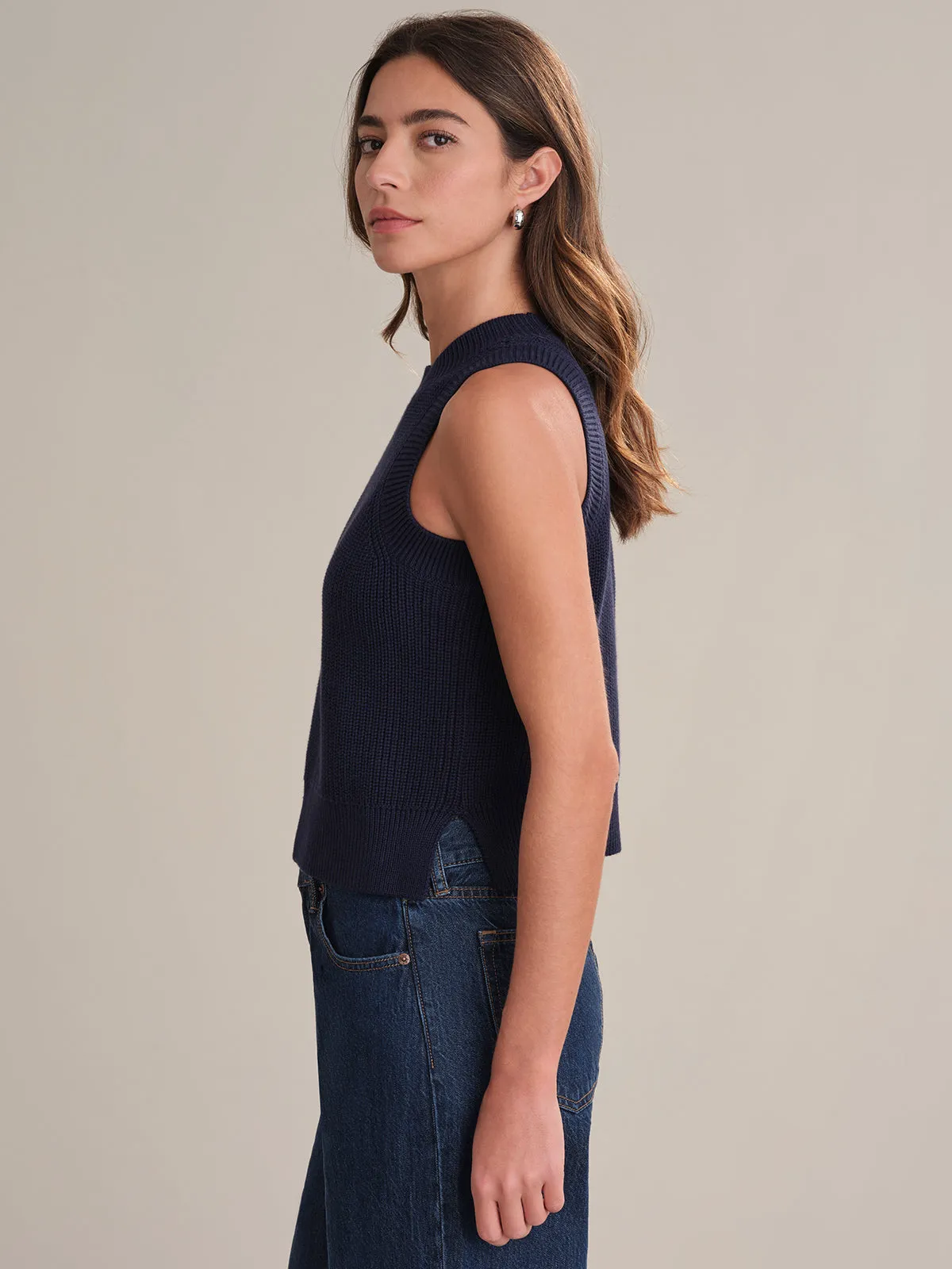 Demi High Crewneck Cotton Tank in Dark Blue
