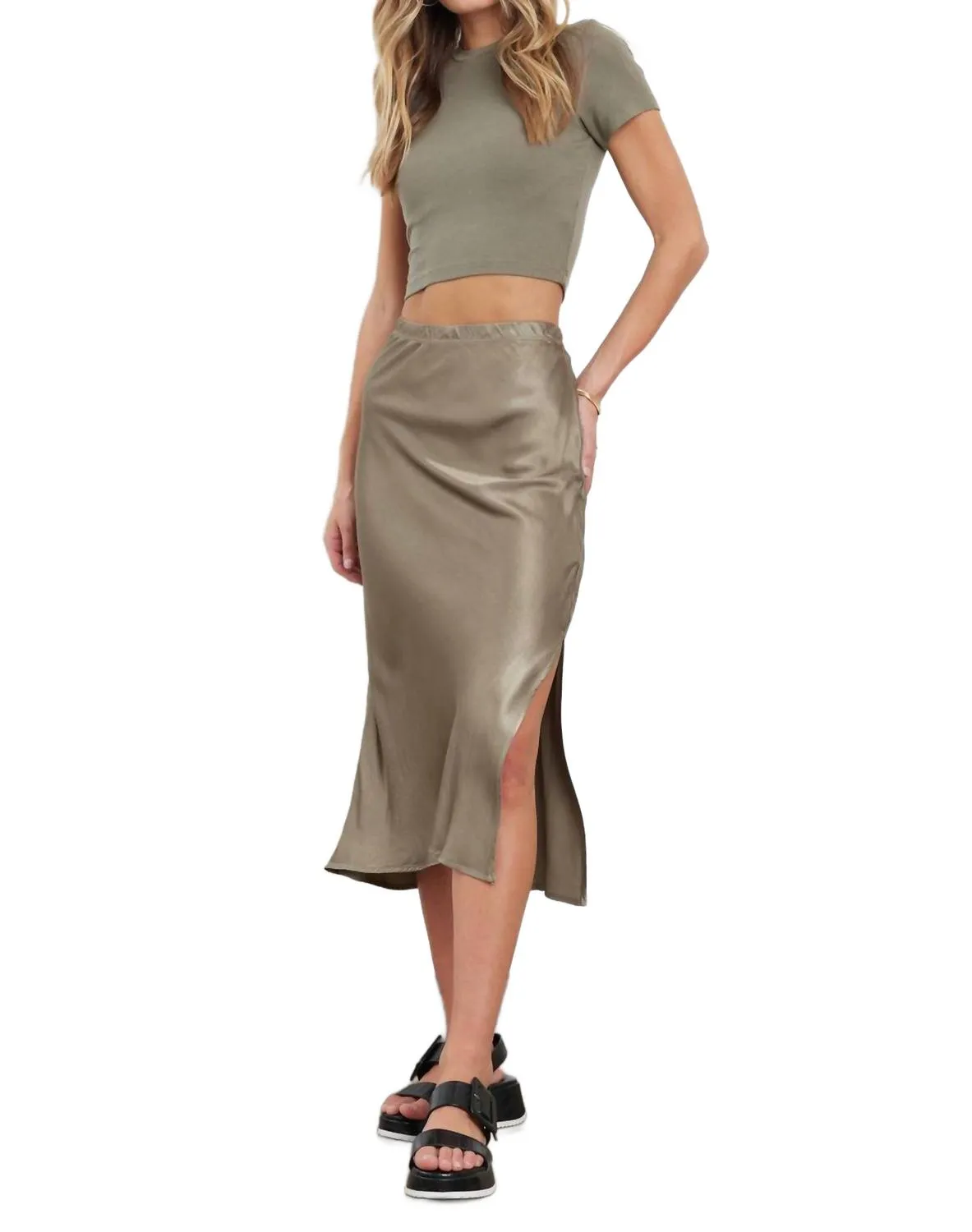 Doris Silky Slip Skirt In Sage Leaf