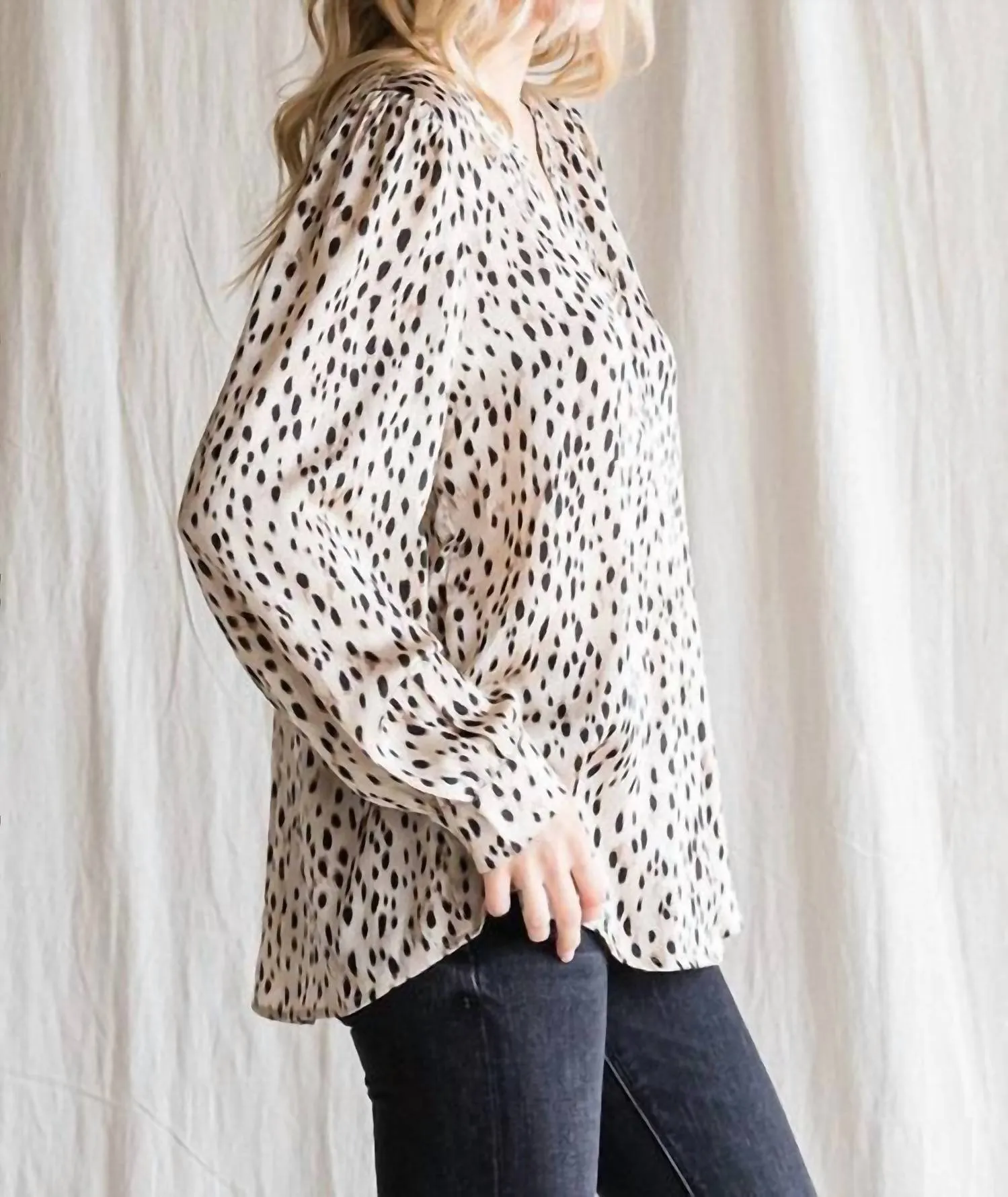 Dot Print Long Sleeves Top In Taupe