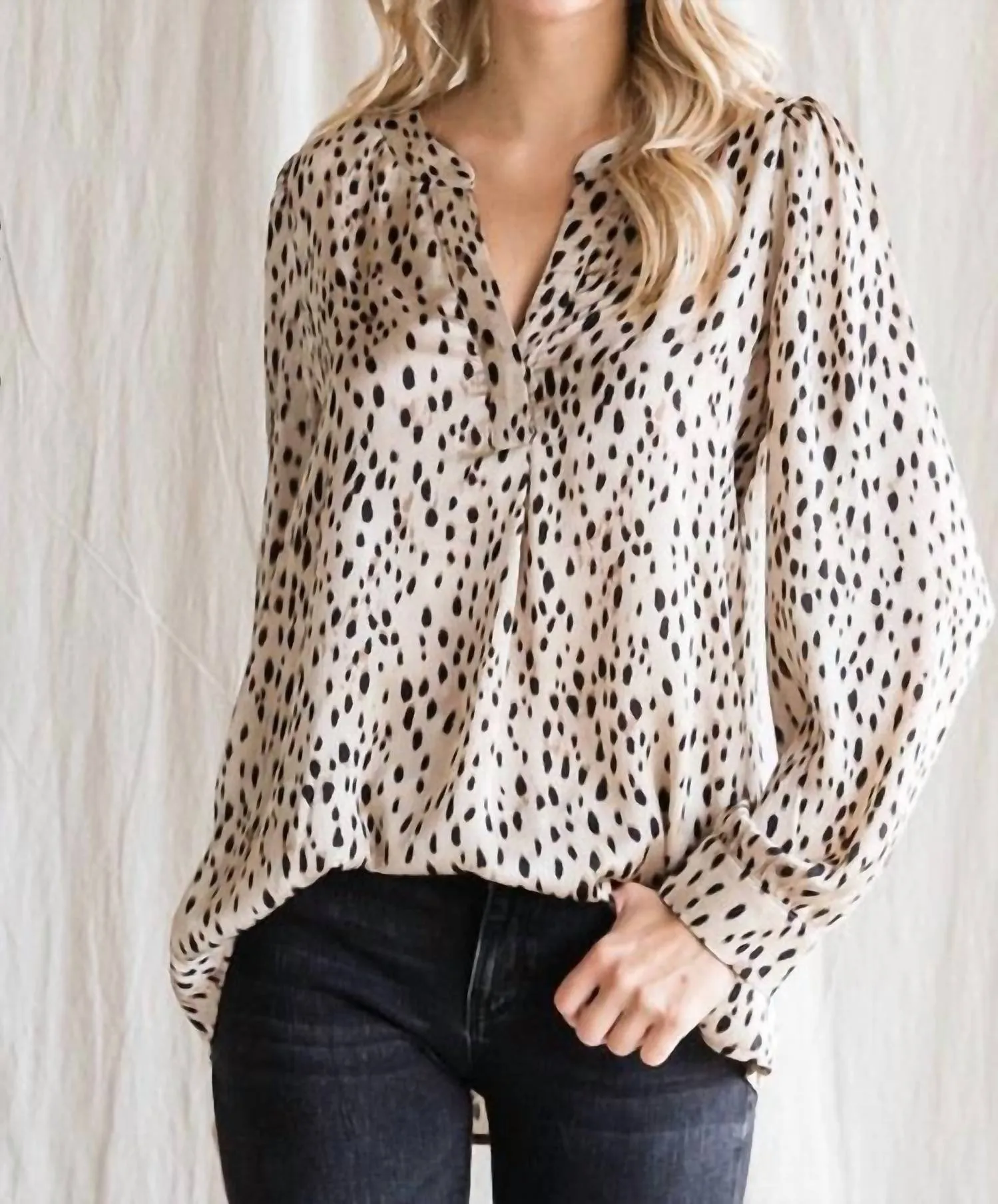 Dot Print Long Sleeves Top In Taupe