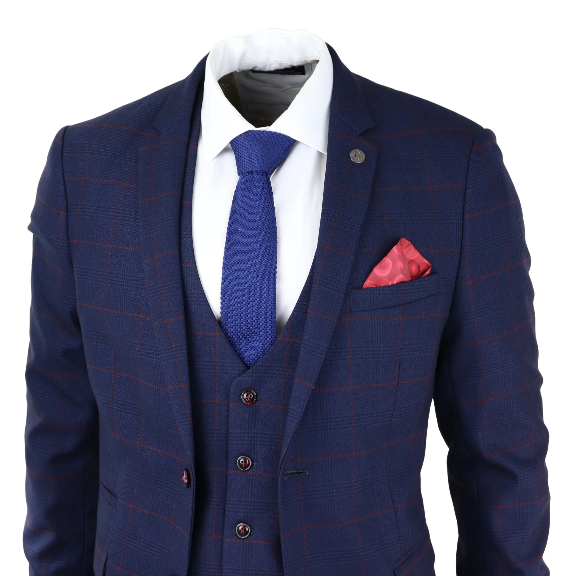 Edinson Navy Wine Check 3 Piece Suit