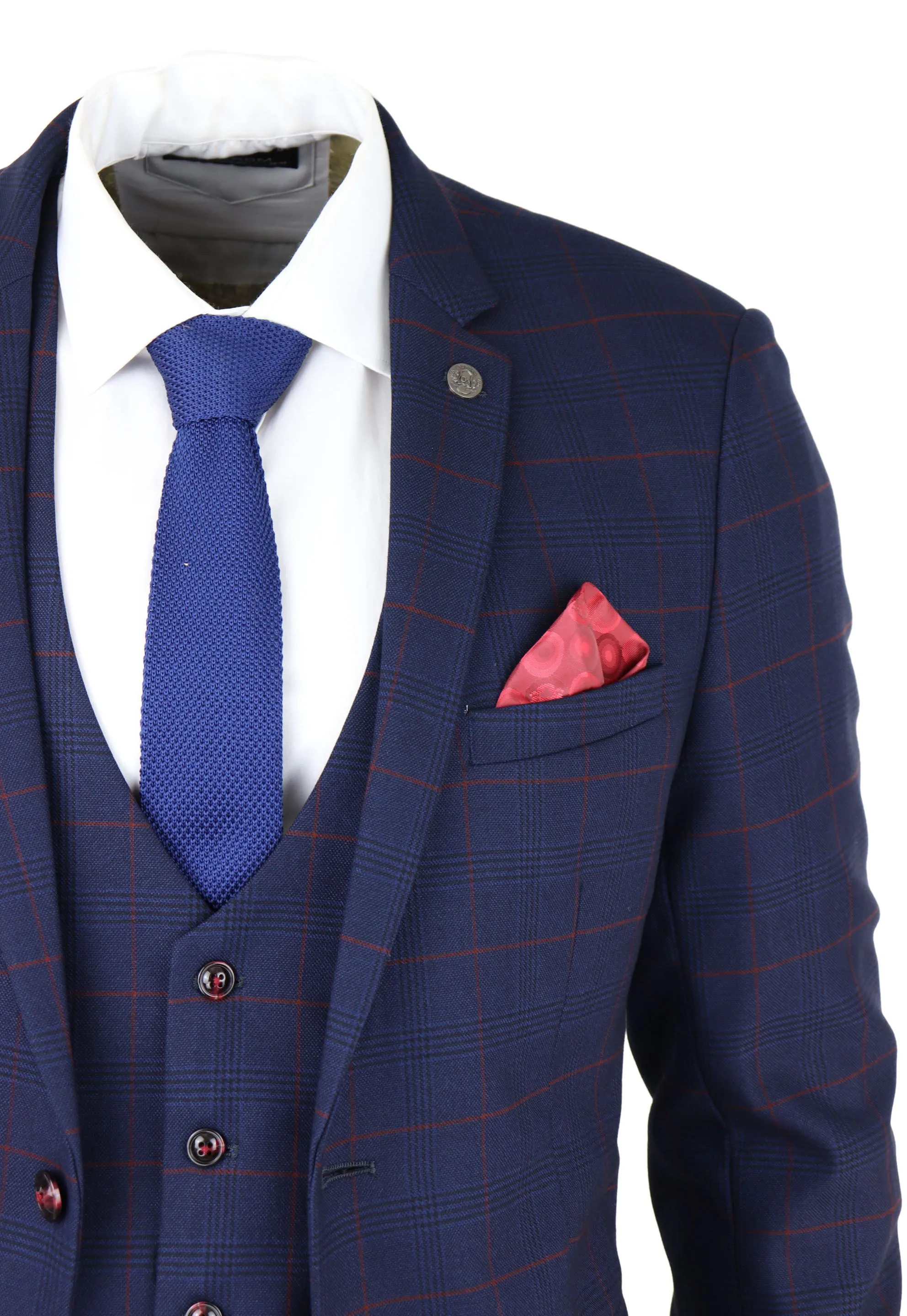 Edinson Navy Wine Check 3 Piece Suit