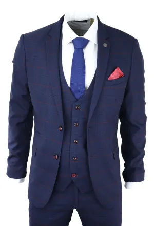 Edinson Navy Wine Check 3 Piece Suit