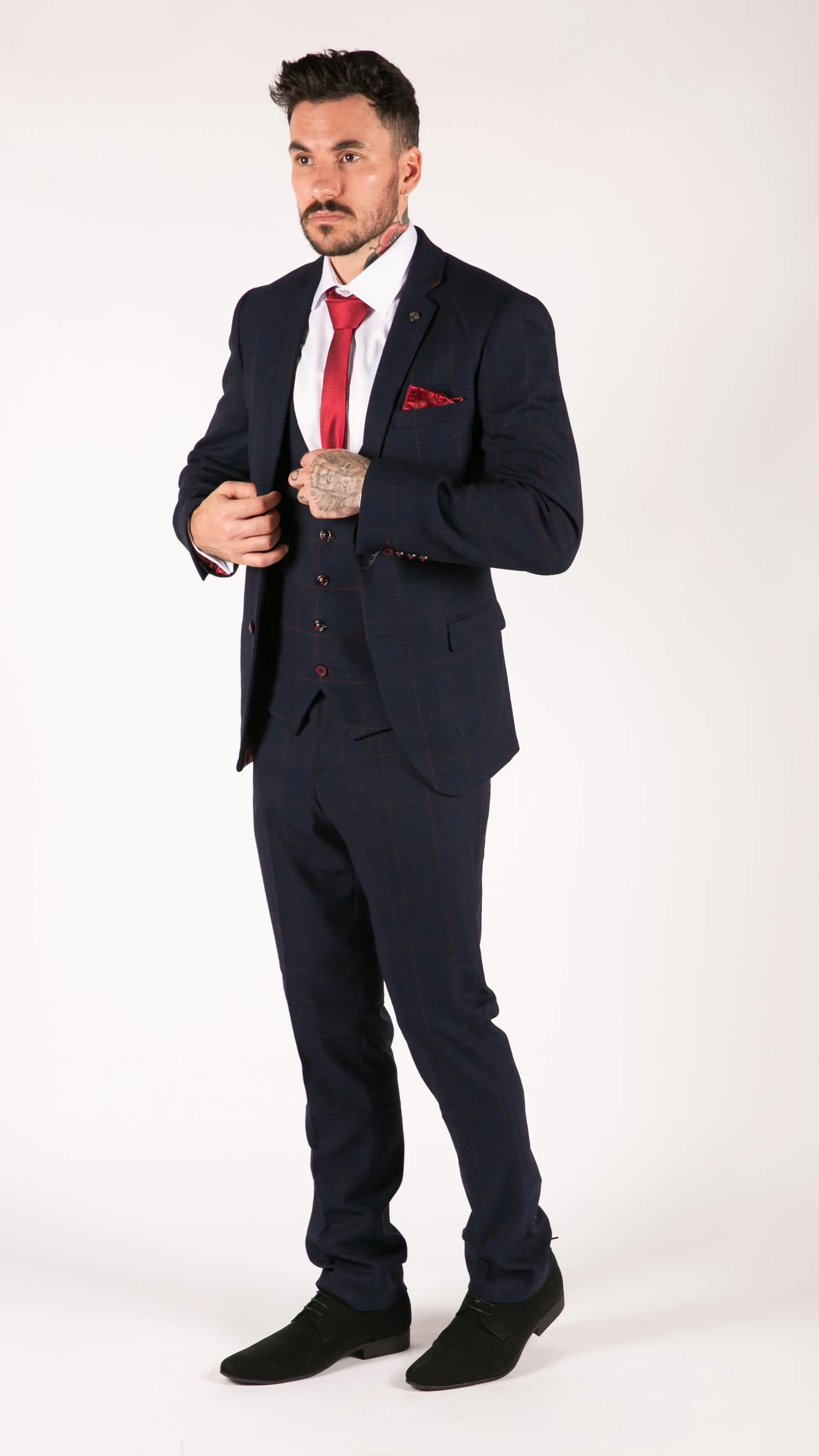 Edinson Navy Wine Check 3 Piece Suit