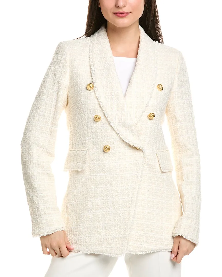 Elie Tahari Tweed Double-Breasted Linen-Blend Blazer