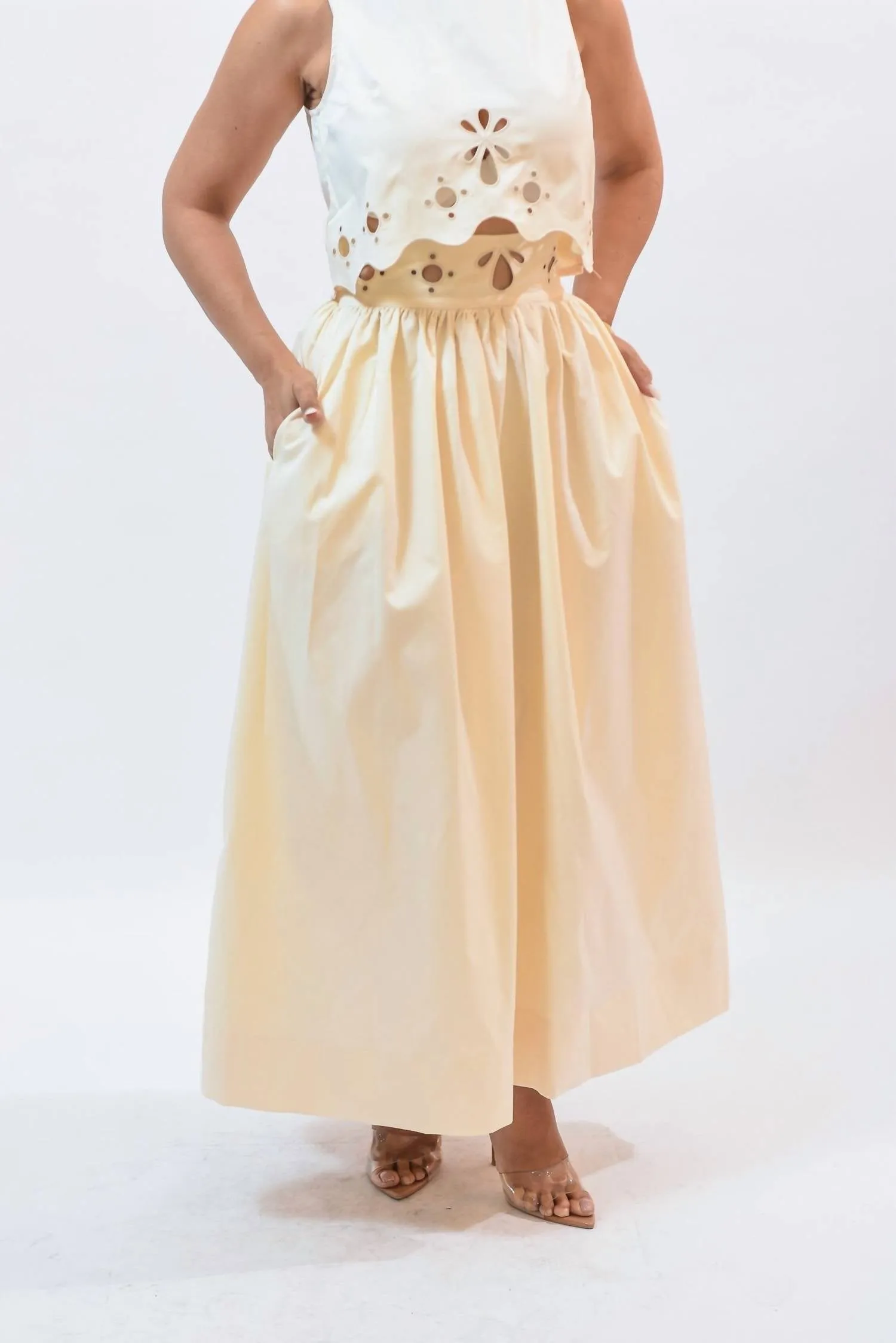 Embroidered Waistband Maxi Skirt In Beige