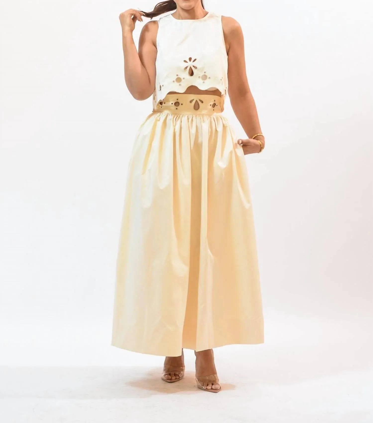 Embroidered Waistband Maxi Skirt In Beige