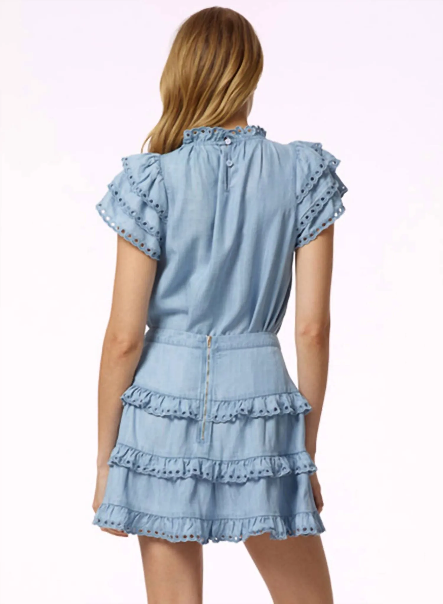 Eyelet Trimmed Tiered Mini Skirt In Denim