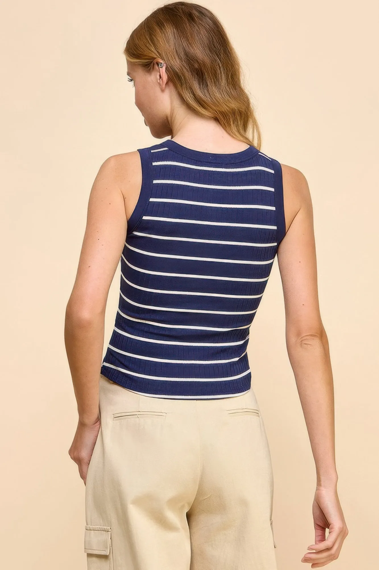 FASHNZFAB Button Detail Contrast Binding Stripe Tank Top