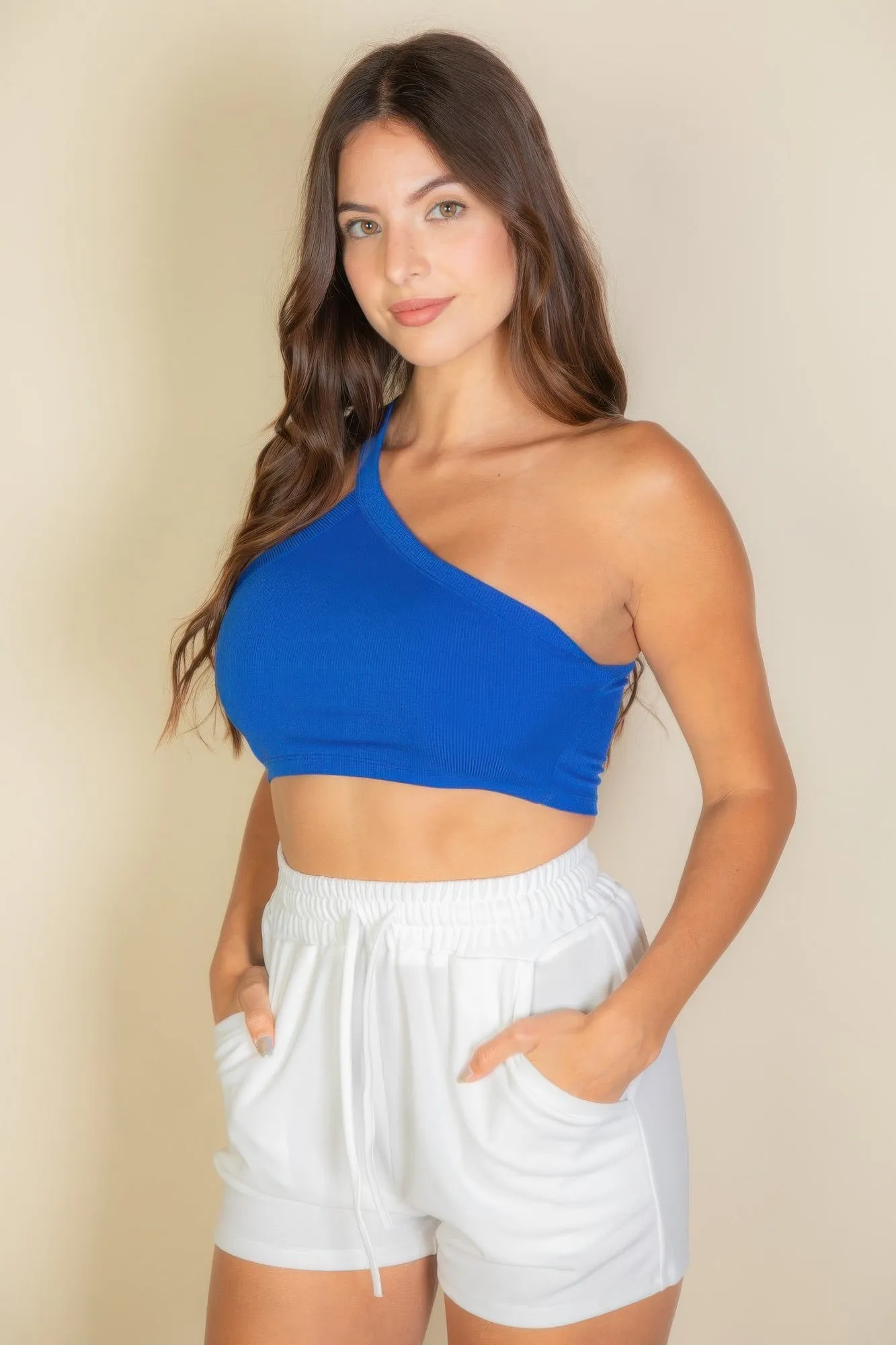 FASHNZFAB Women's One Shoulder Ribbed Cropped Top