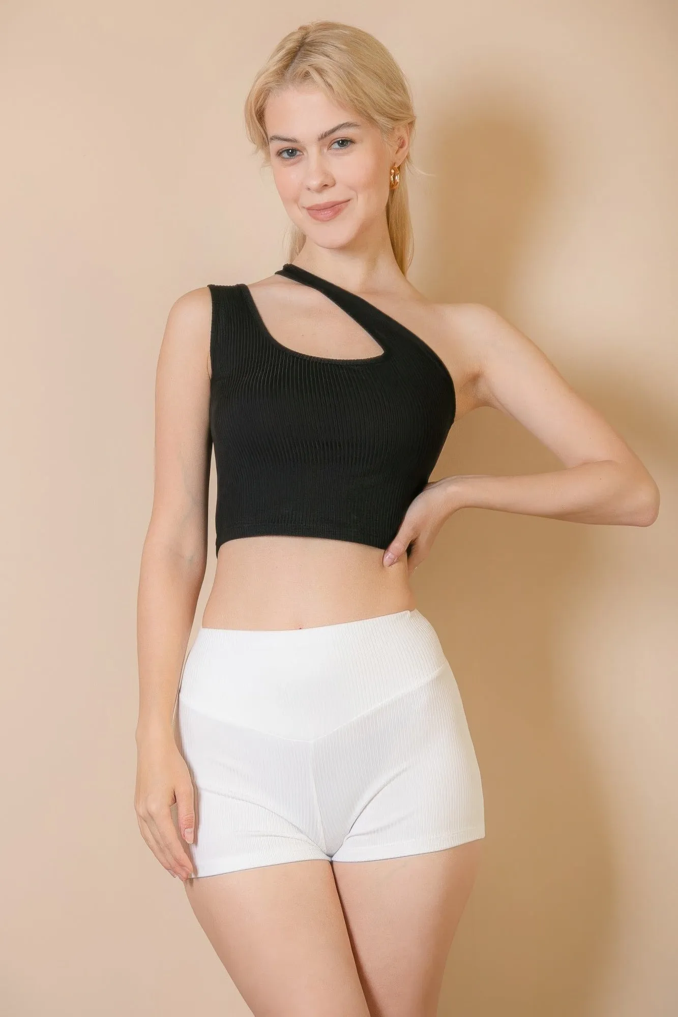 FASHNZFAB Women's Ribbed One Shoulder Cross Strap Crop Top