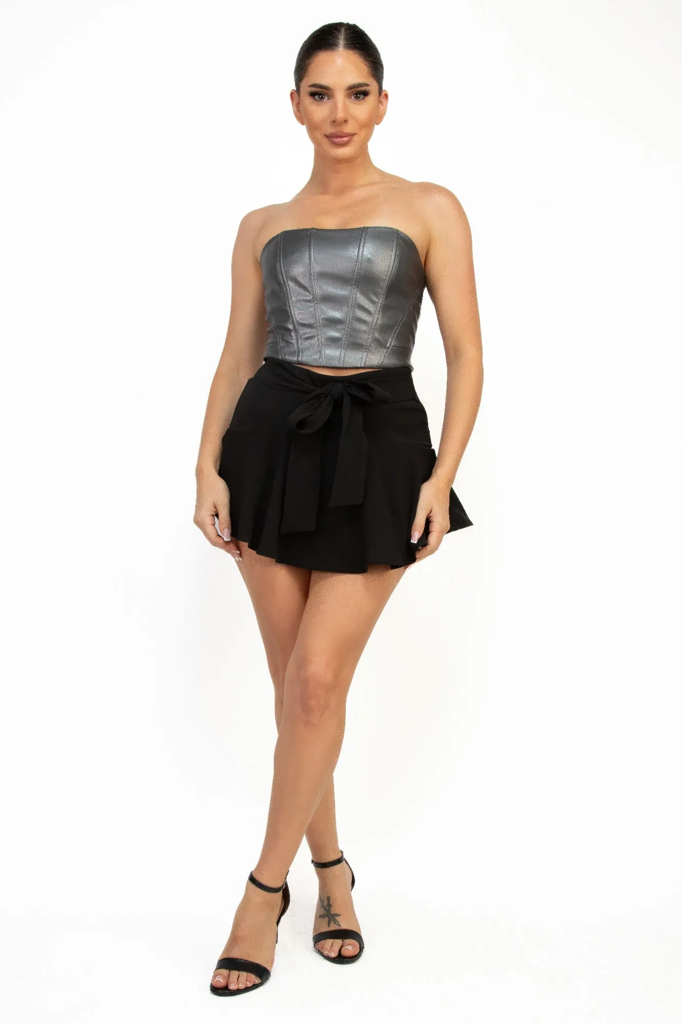 FASHNZFAB Women's Ribbon Flared Elastic Mini Skort