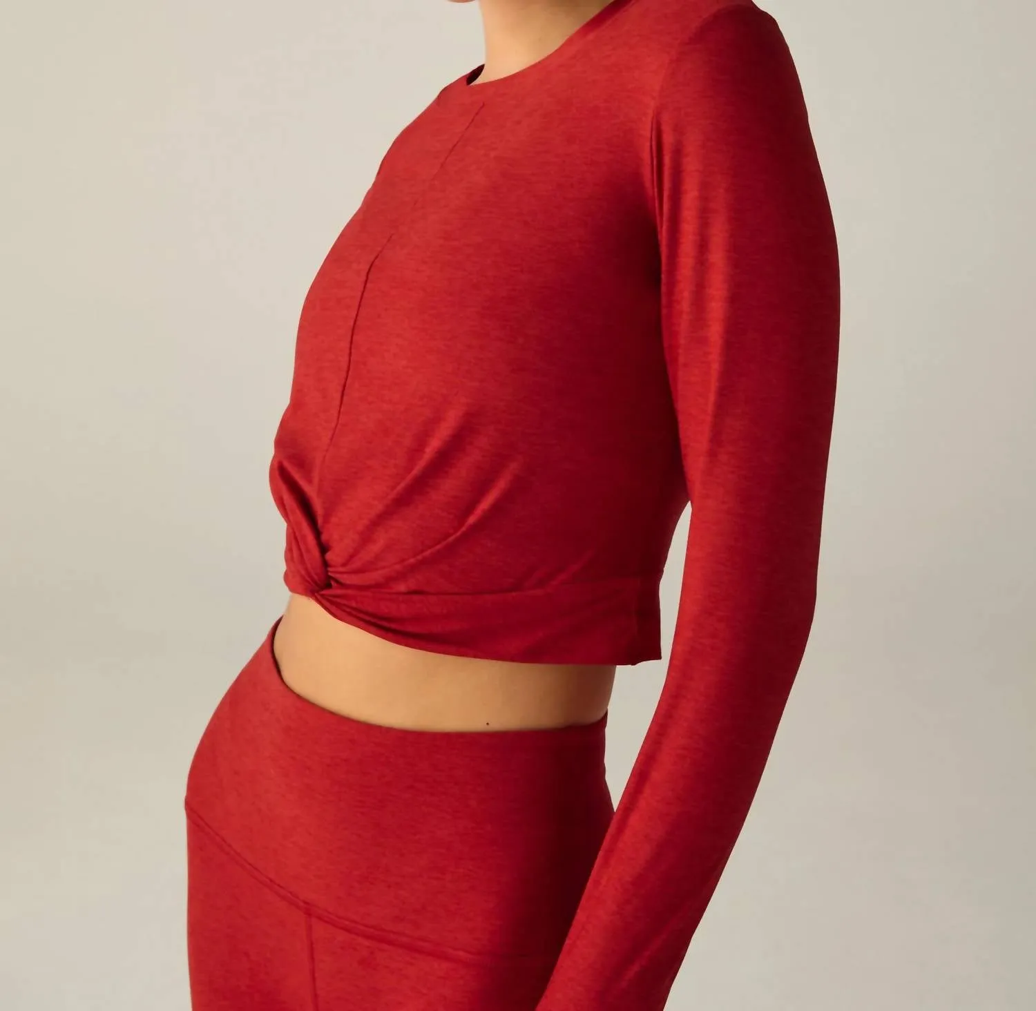 Featherweight Center Stage Cropped Long Sleeve Pullover Tee Top In Ruby Red