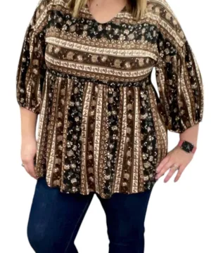 Floral Abstract Babydoll Top In Mocha
