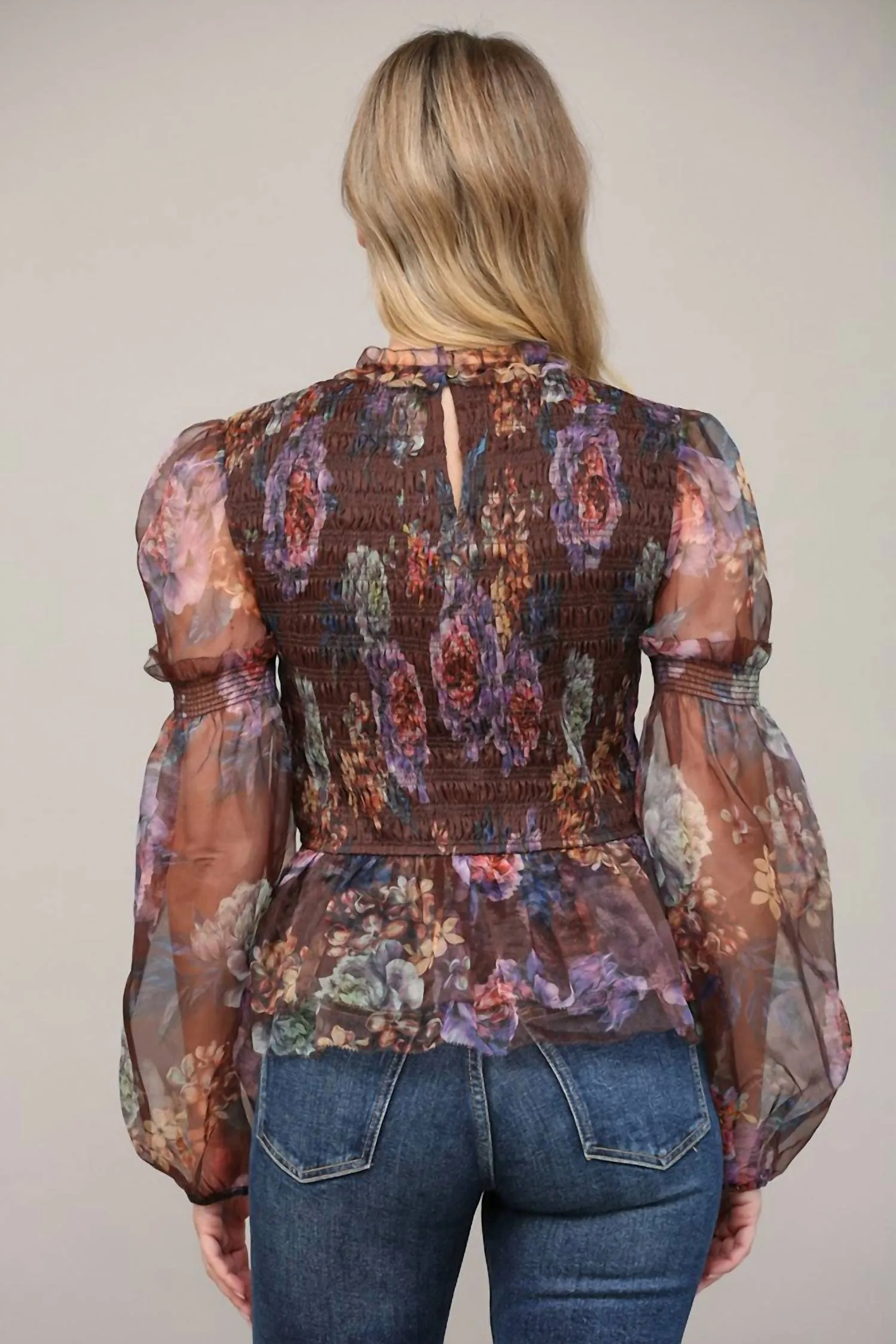 Floral Print Smocked Peplum Top In Brown/multi