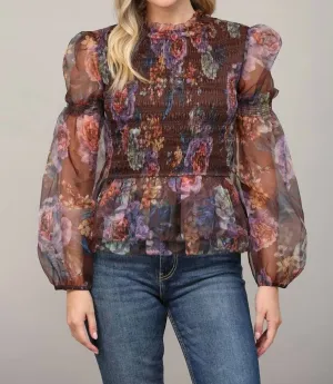 Floral Print Smocked Peplum Top In Brown/multi