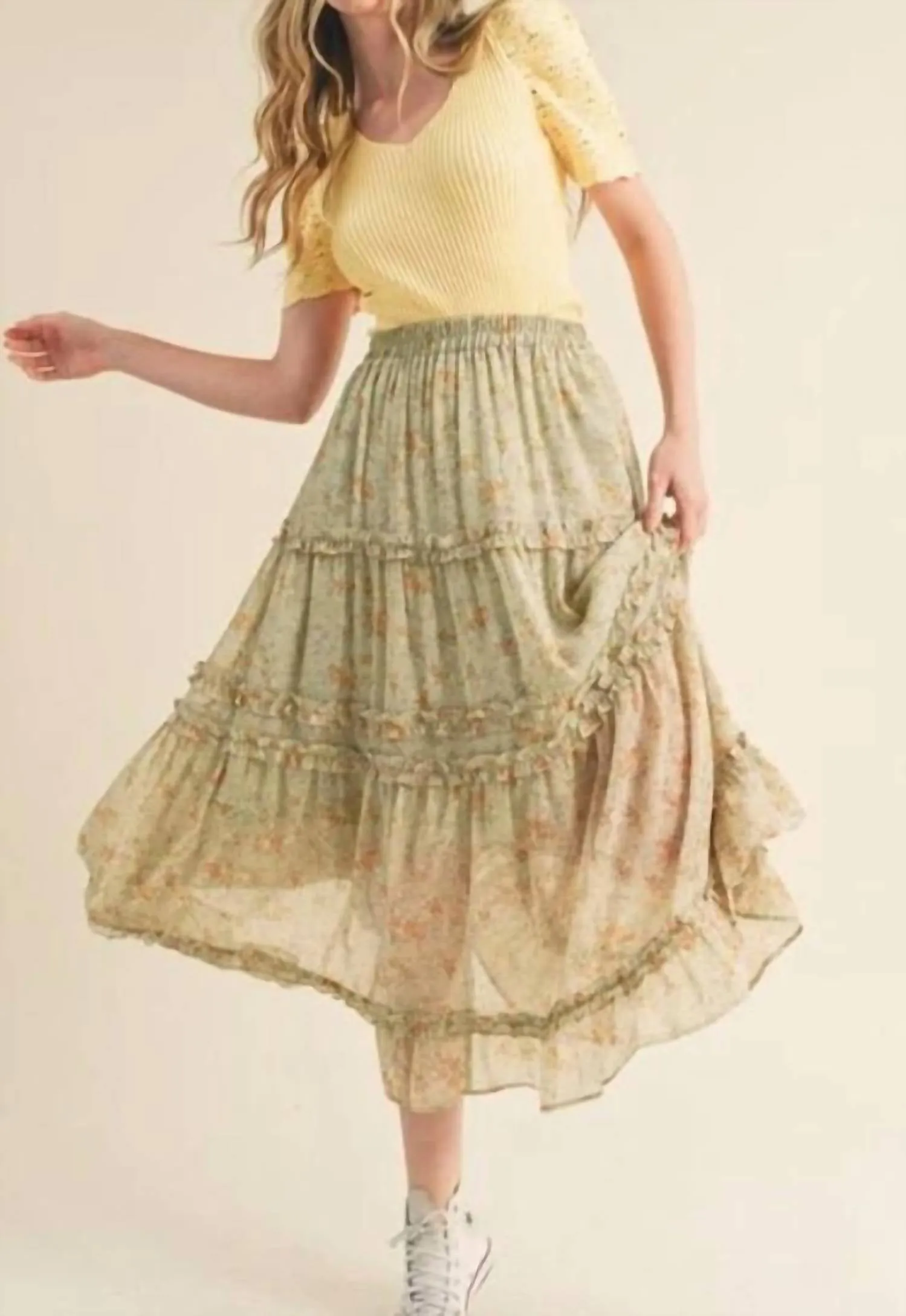 Floral Tiered Maxi Skirt In White
