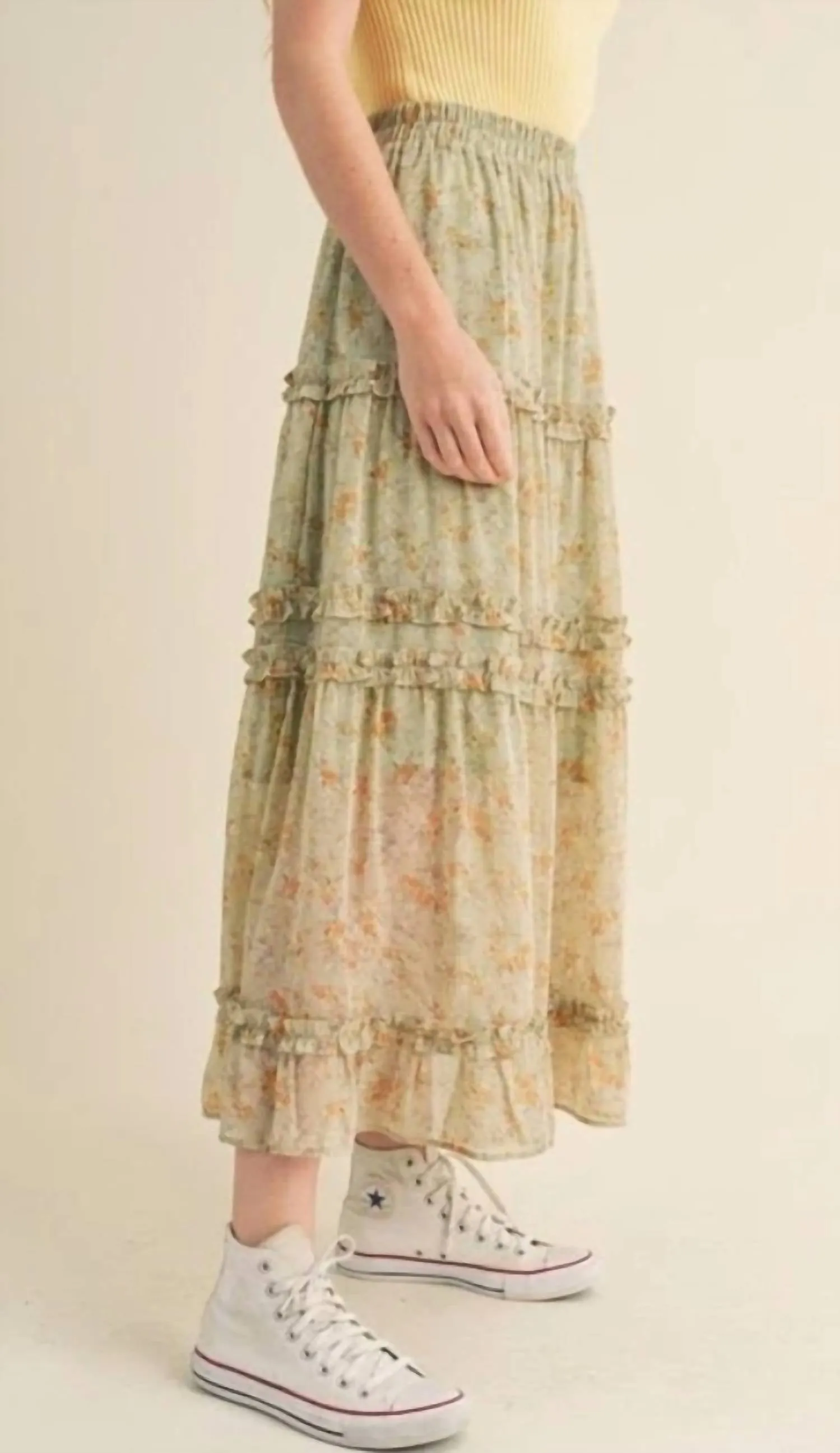 Floral Tiered Maxi Skirt In White