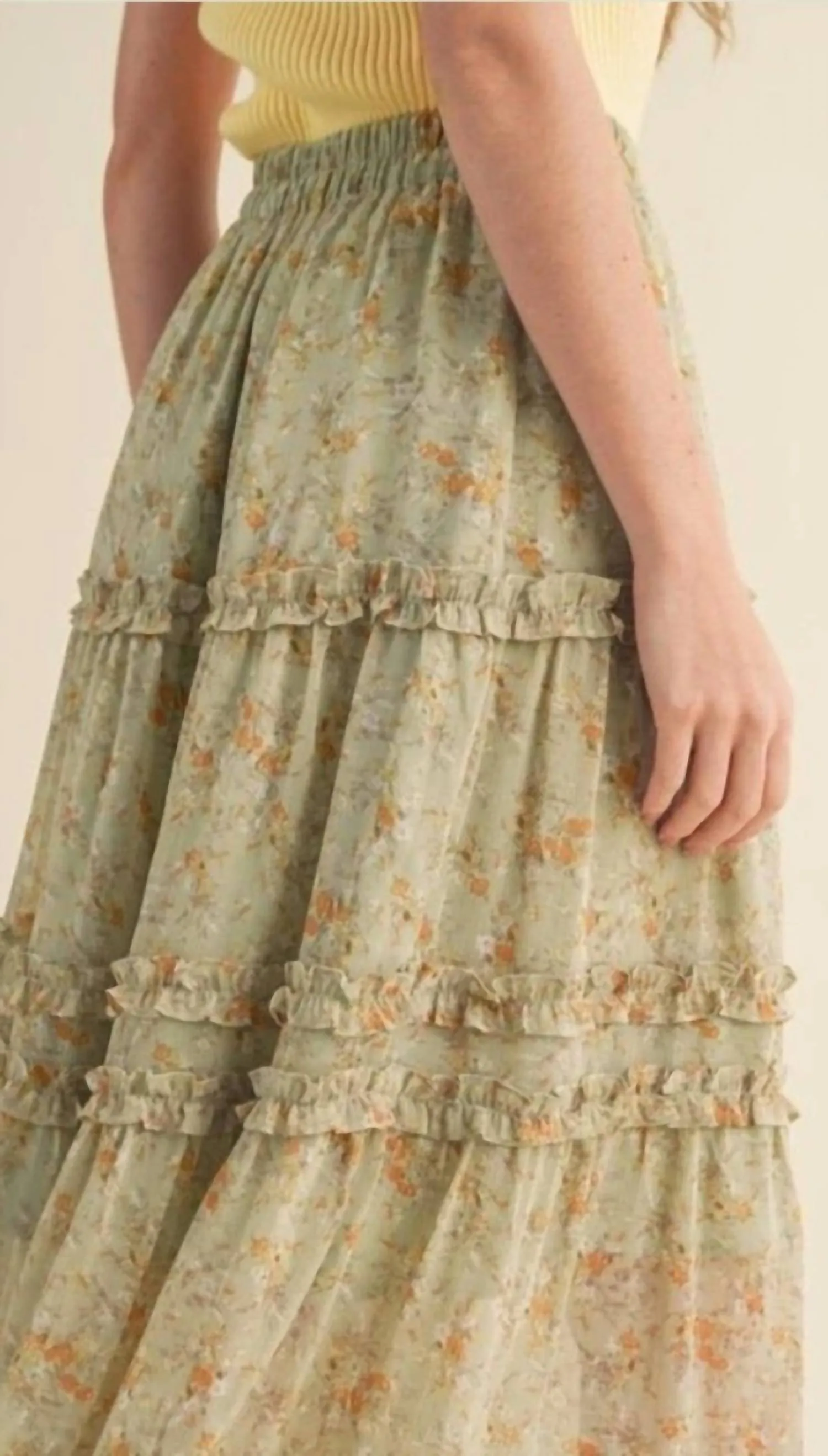 Floral Tiered Maxi Skirt In White