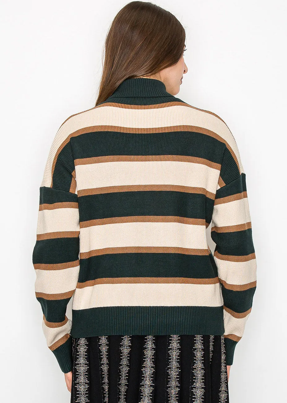 Forest Green Striped Turtleneck Sweater