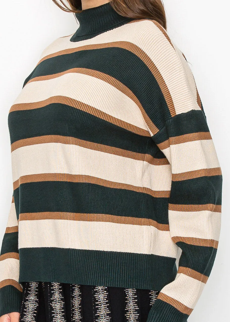Forest Green Striped Turtleneck Sweater