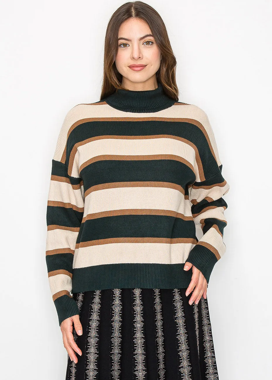 Forest Green Striped Turtleneck Sweater